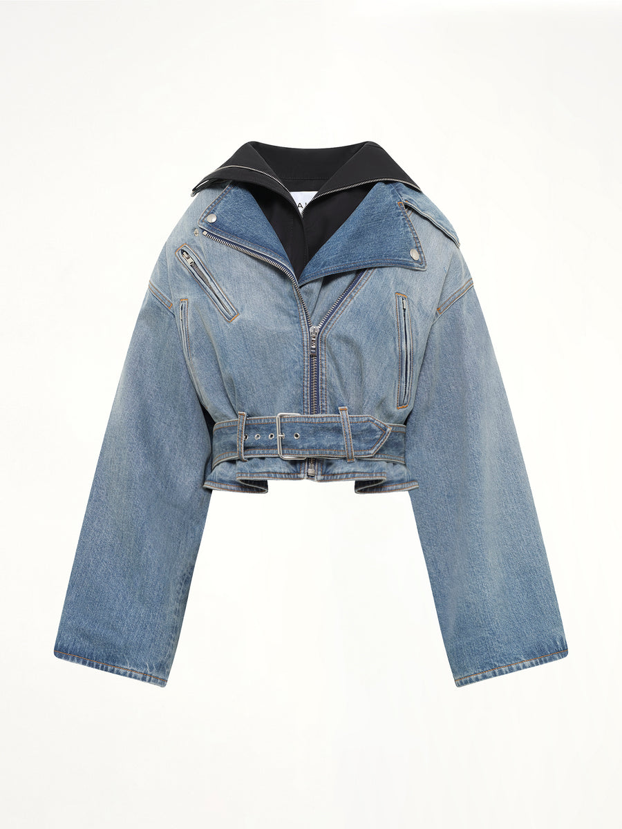 Raw Denim Layered Jacket in Faded Blue