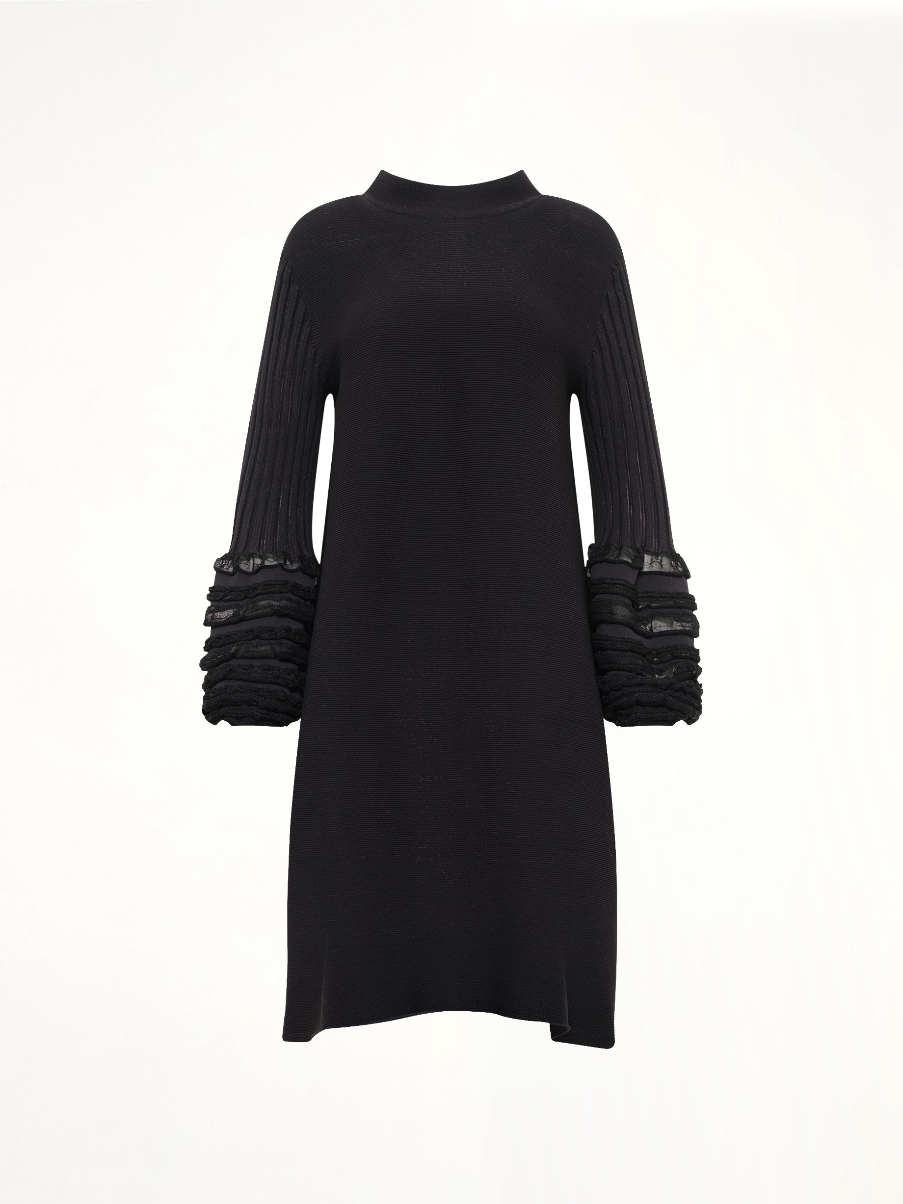 Pottery Swell Glitter Long Bell Sleeve Flare Mini Dress in Black