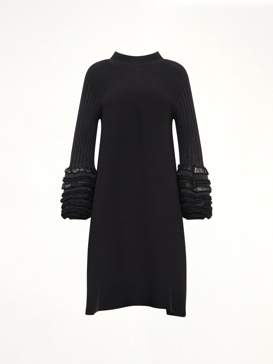 Pottery Swell Glitter Long Bell Sleeve Flare Mini Dress in Black