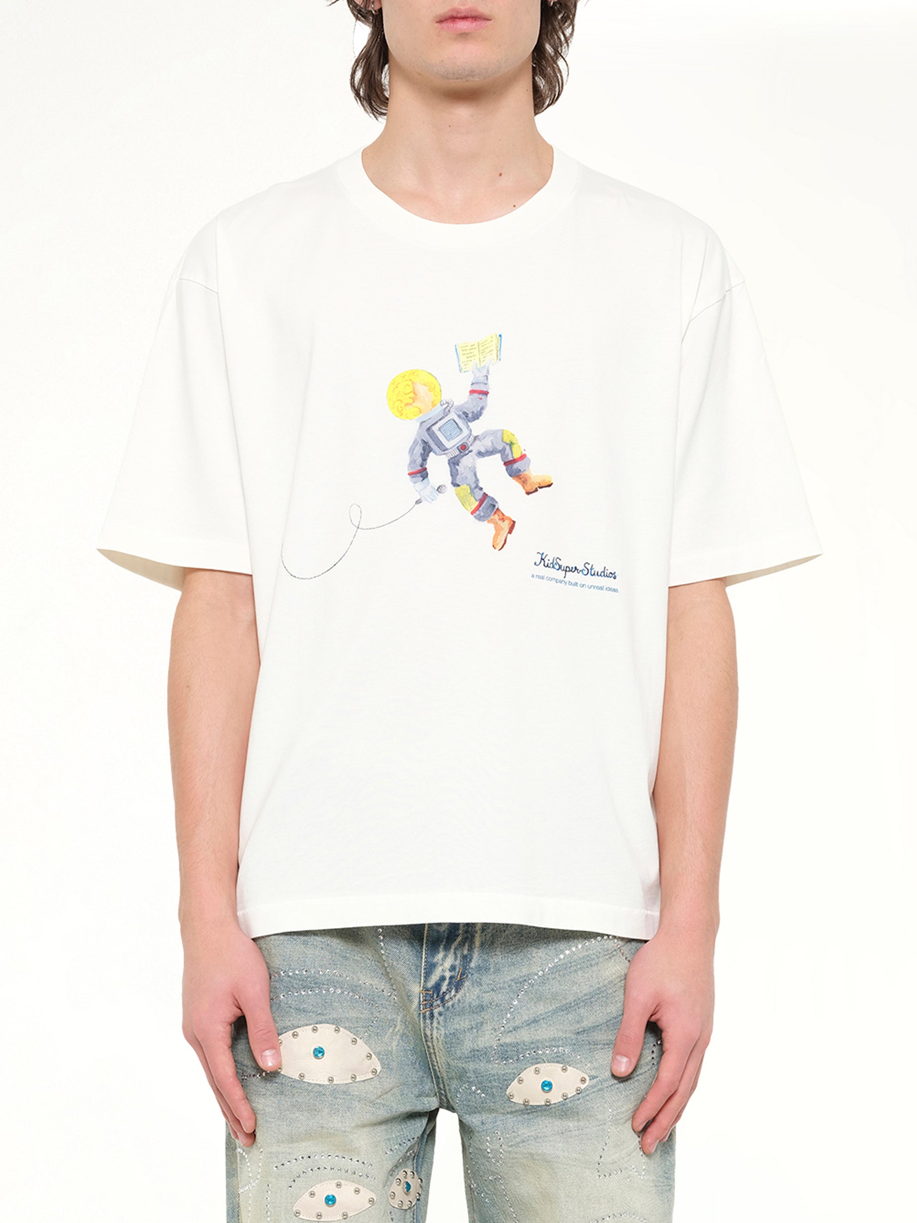 KIDSUPER Astronaut T-Shirt in White Front View from MARAIS