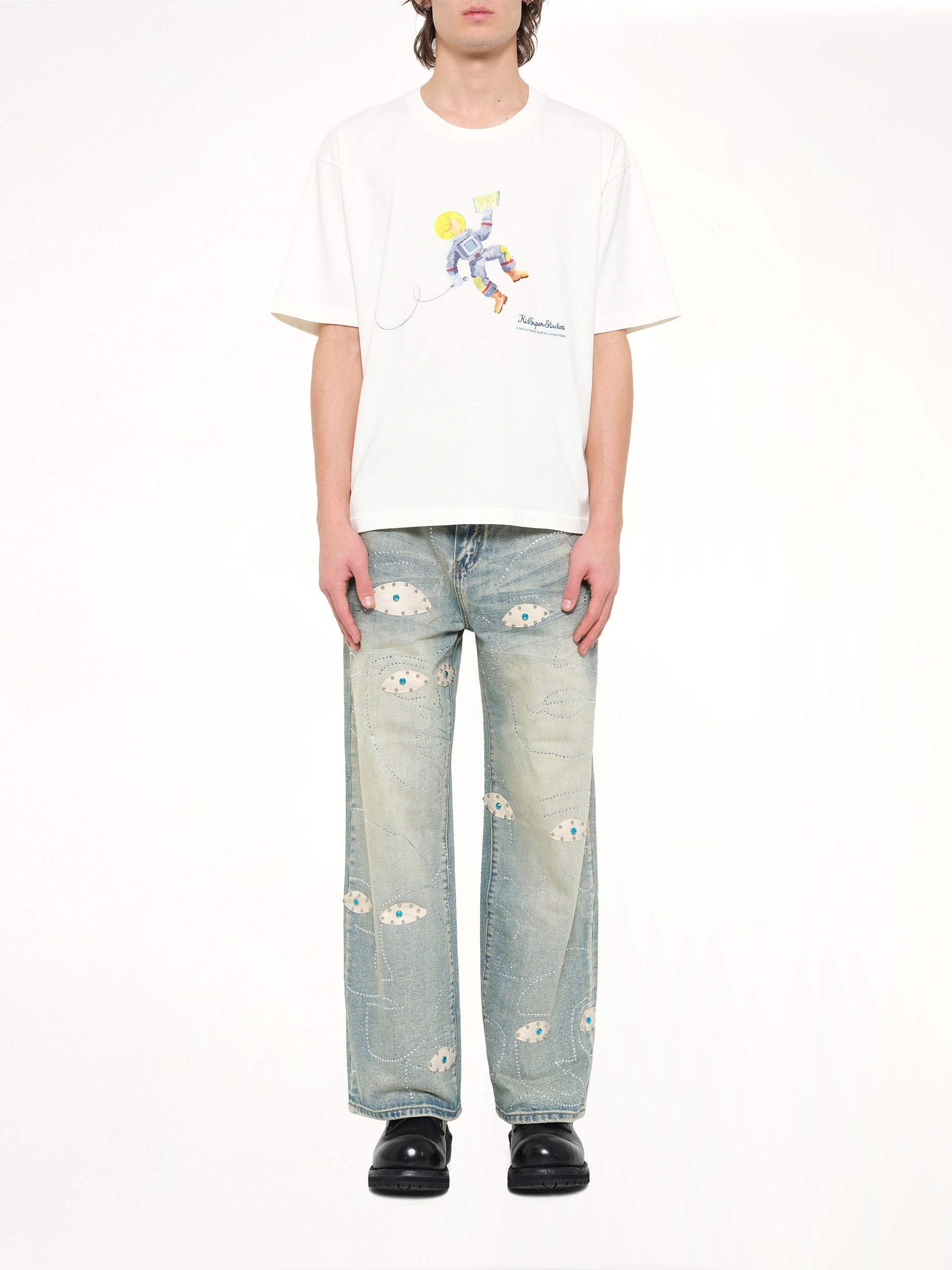 KIDSUPER Astronaut T-Shirt in White Model View from MARAIS