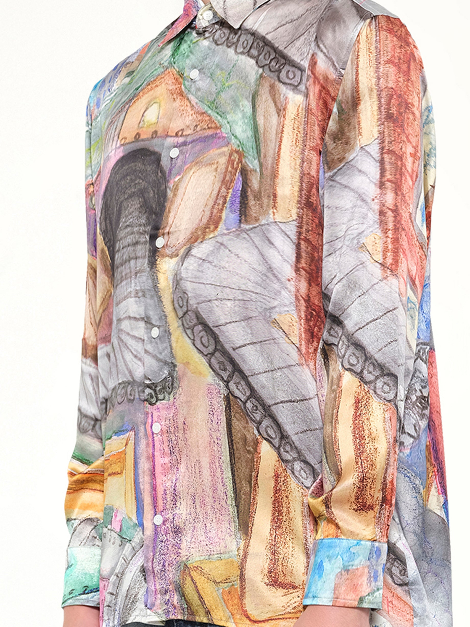 KIDSUPER Book Page Silk Shirt in Multicolour Detail Shot from MARAIS