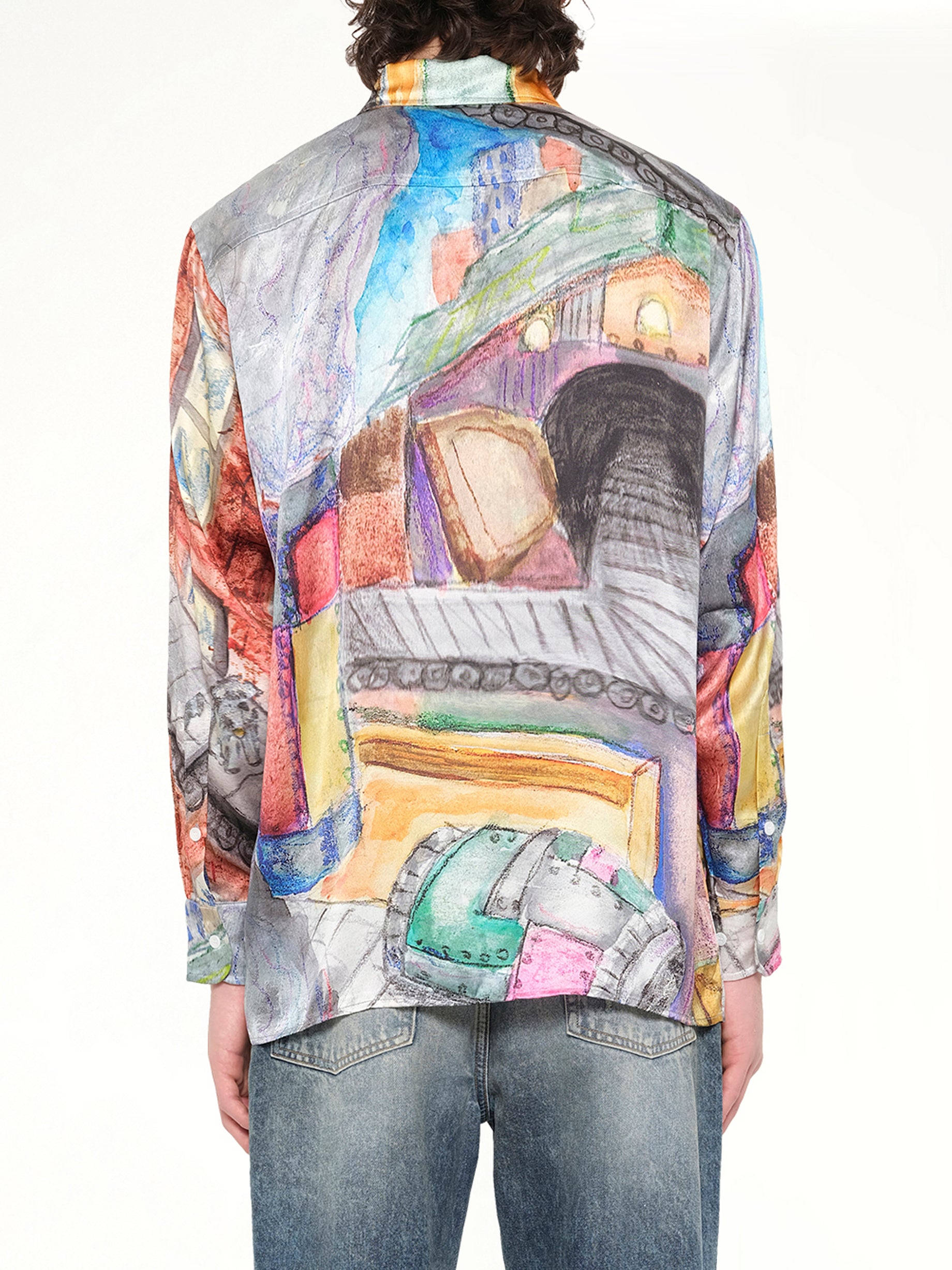 KIDSUPER Book Page Silk Shirt in Multicolour Back View from MARAIS