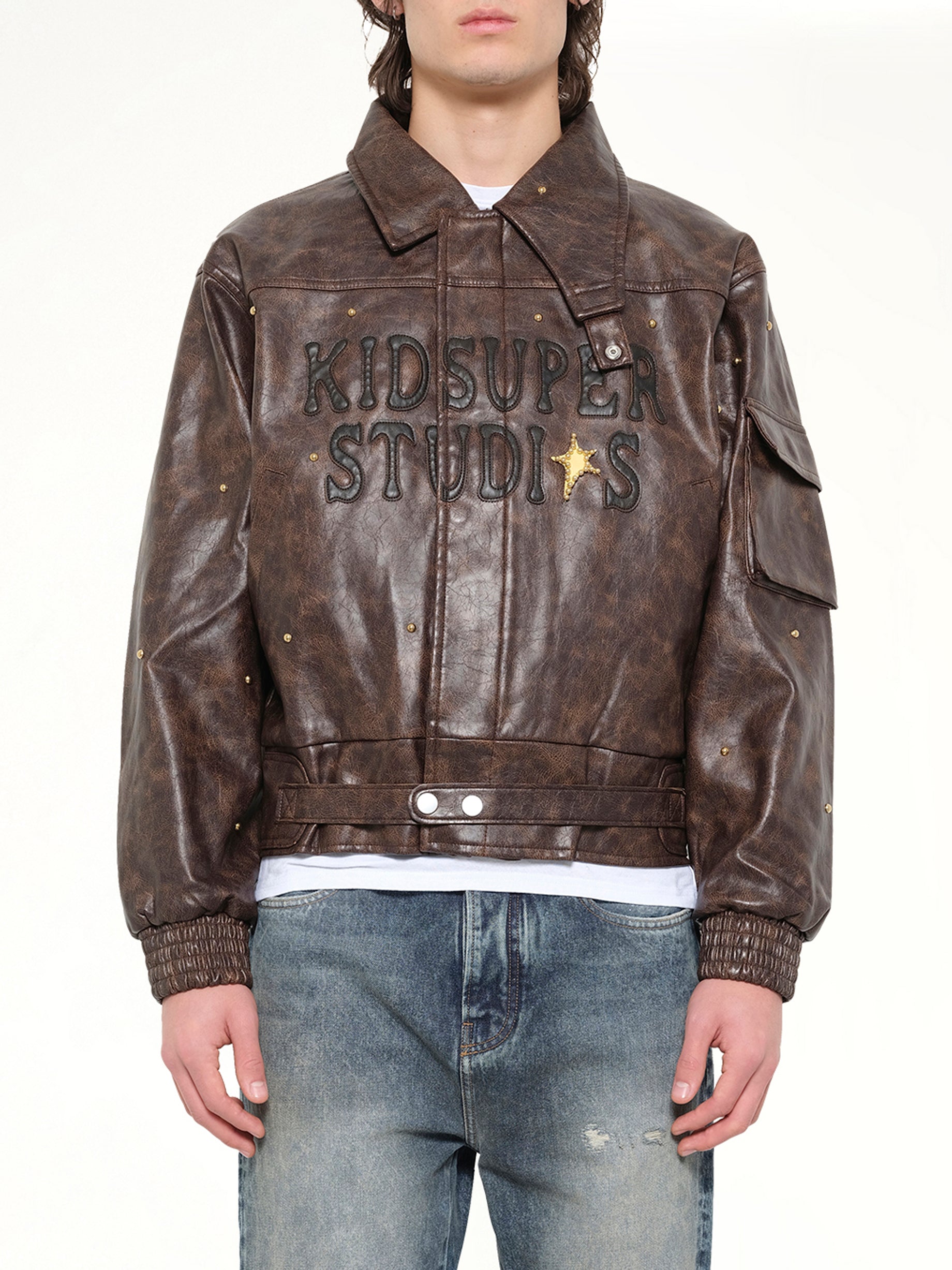 KIDSUPER Boy Who Jumped Over the Moon Jacket in Brown Front View from MARAIS