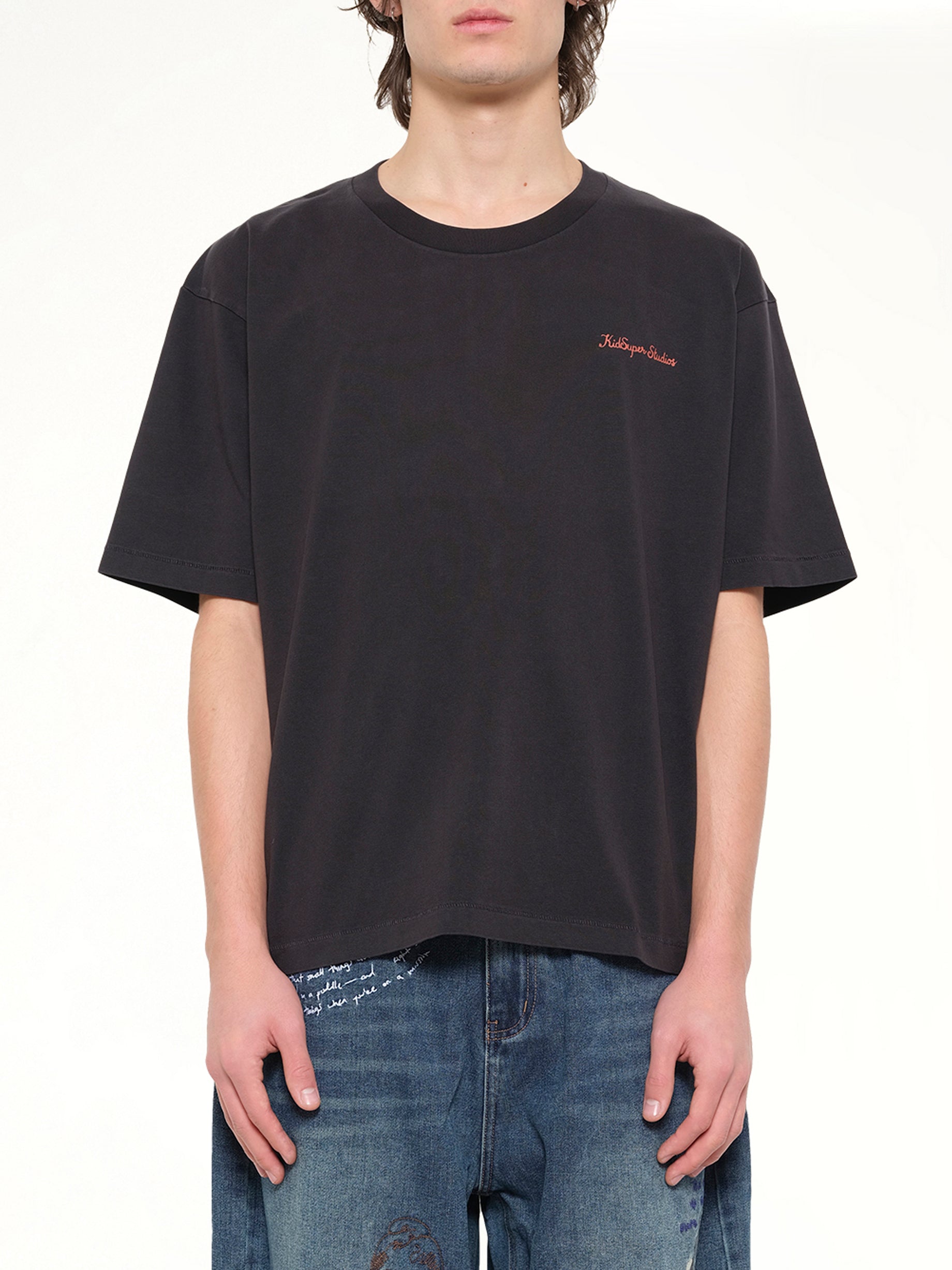 KIDSUPER Dove Pattern T-Shirt in Washed Black Front View from MARAIS