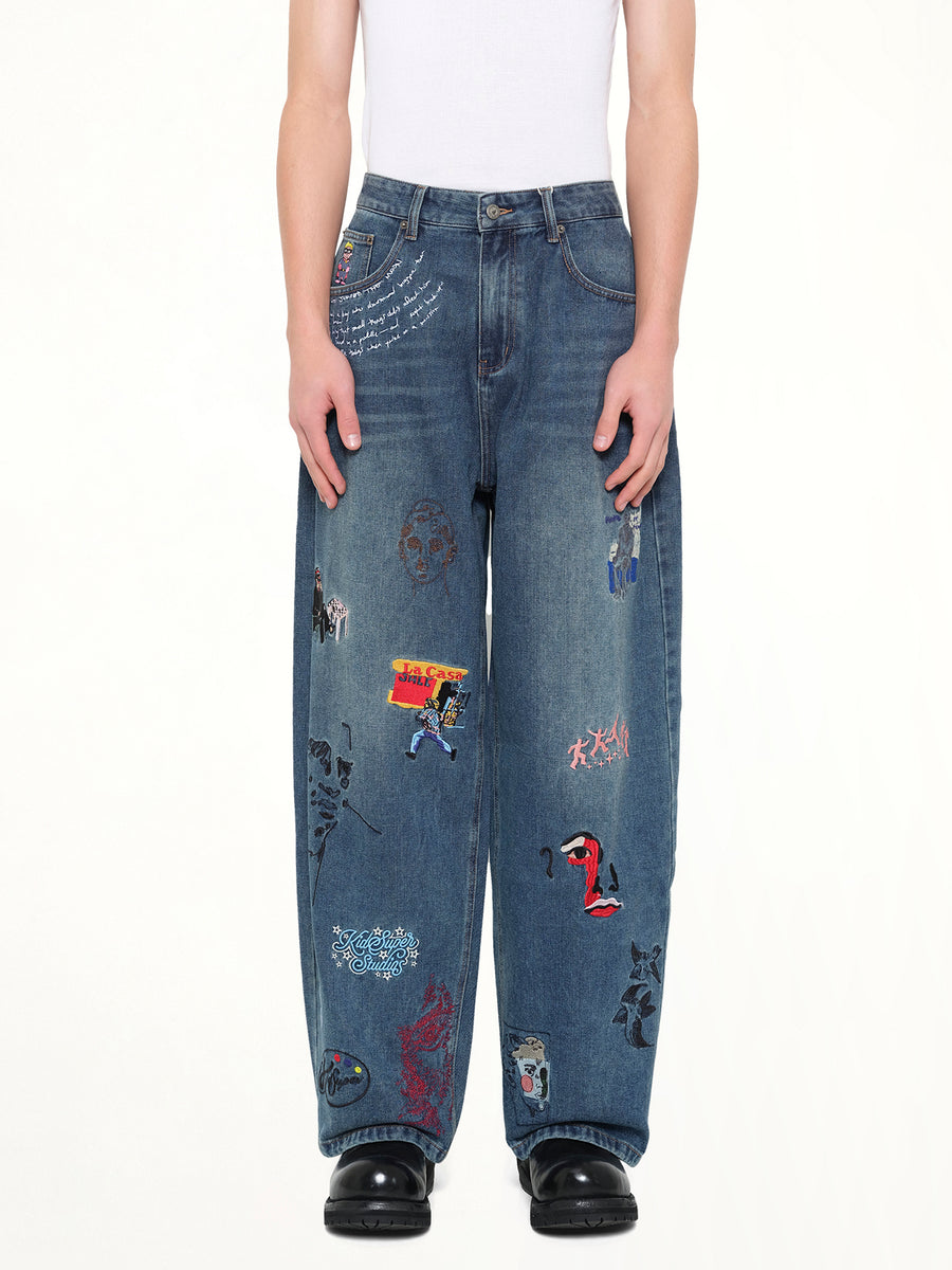 Embroidered Paintings Balloon Pants in Blue