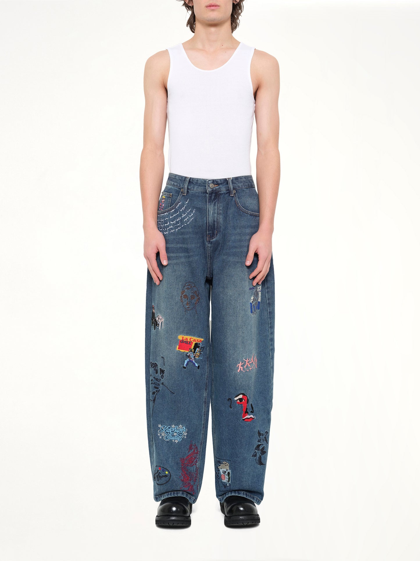 Embroidered Paintings Balloon Pants in Blue