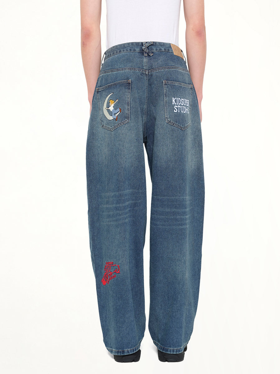 Embroidered Paintings Balloon Pants in Blue