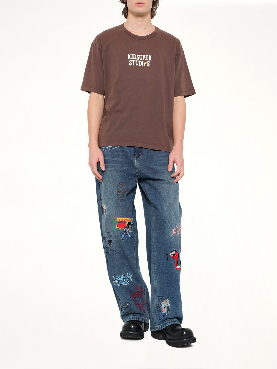 Embroidered Paintings Balloon Pants in Blue