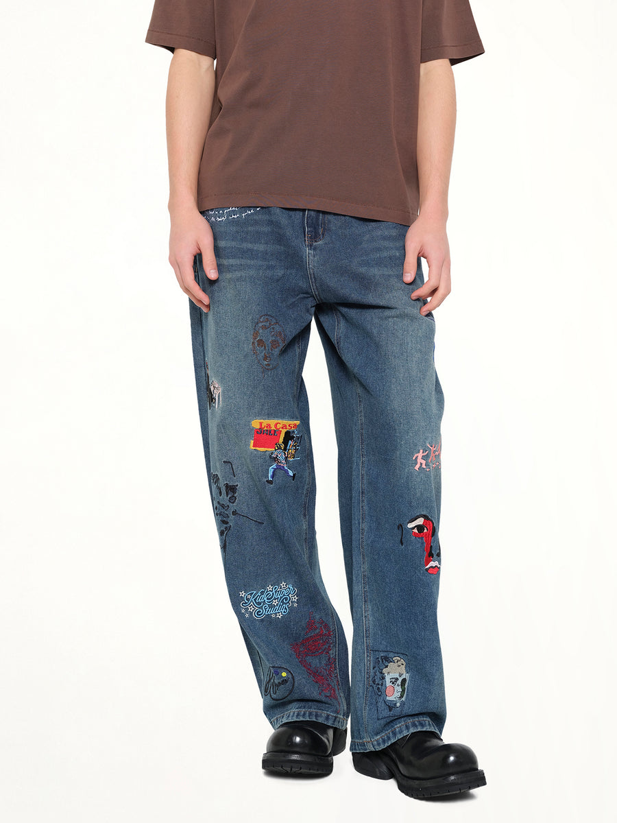 Embroidered Paintings Balloon Pants in Blue