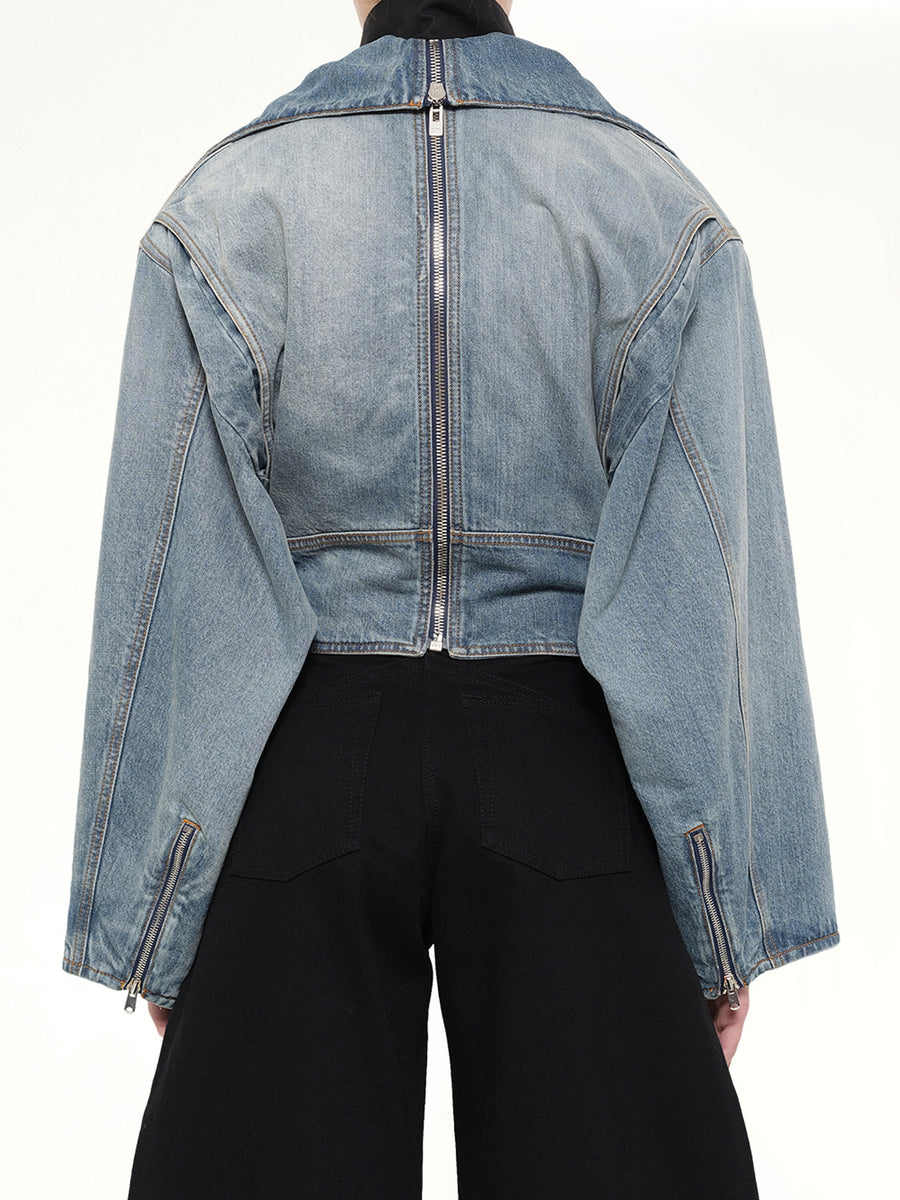 Raw Denim Layered Jacket in Faded Blue