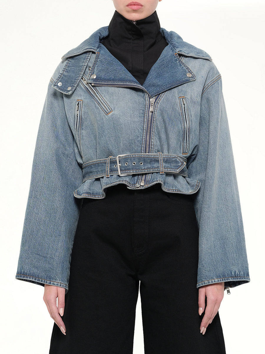 Raw Denim Layered Jacket in Faded Blue