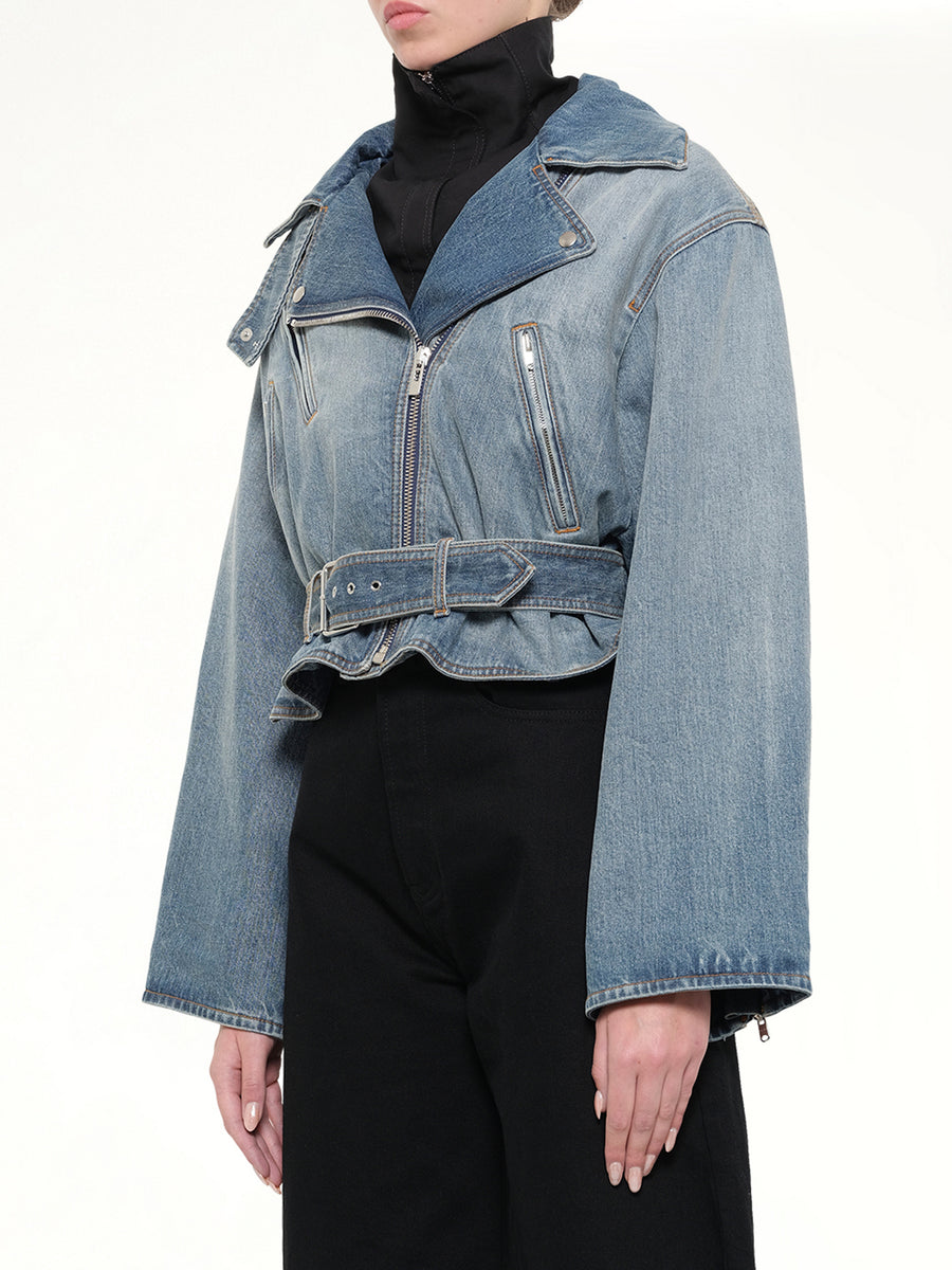 Raw Denim Layered Jacket in Faded Blue