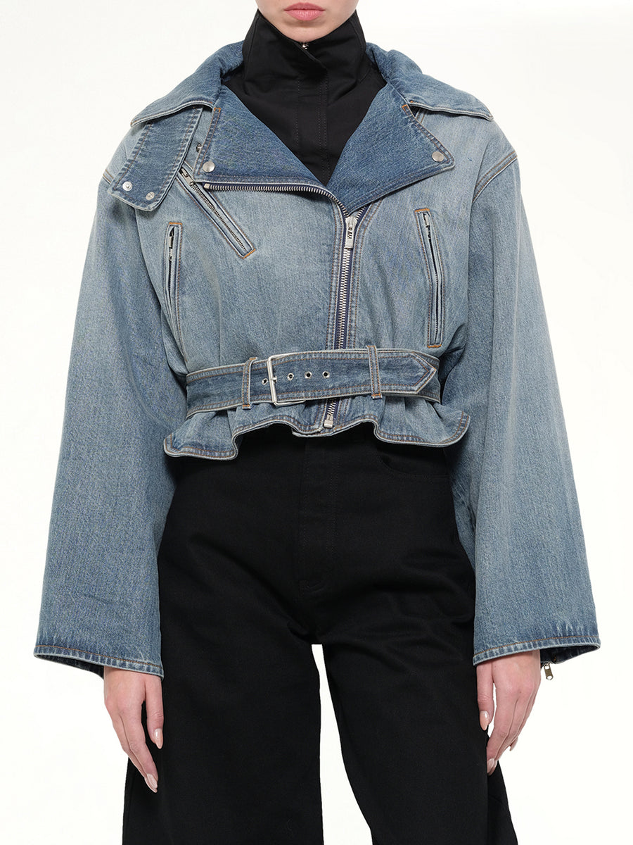 Raw Denim Layered Jacket in Faded Blue