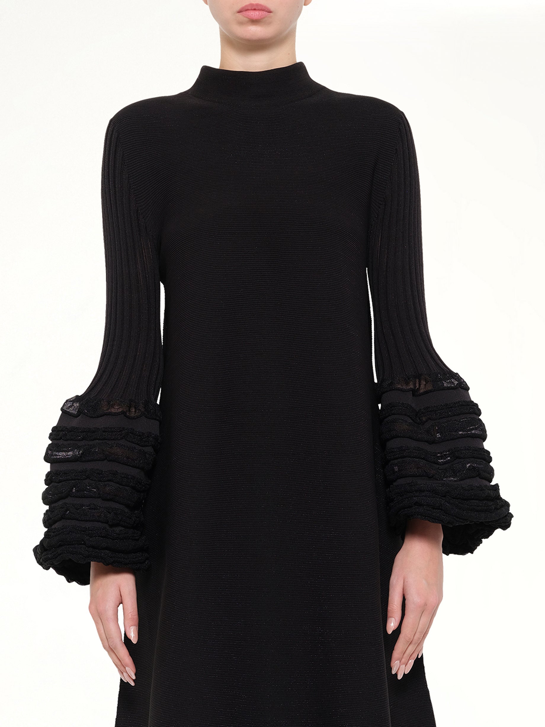 Pottery Swell Glitter Long Bell Sleeve Flare Mini Dress in Black