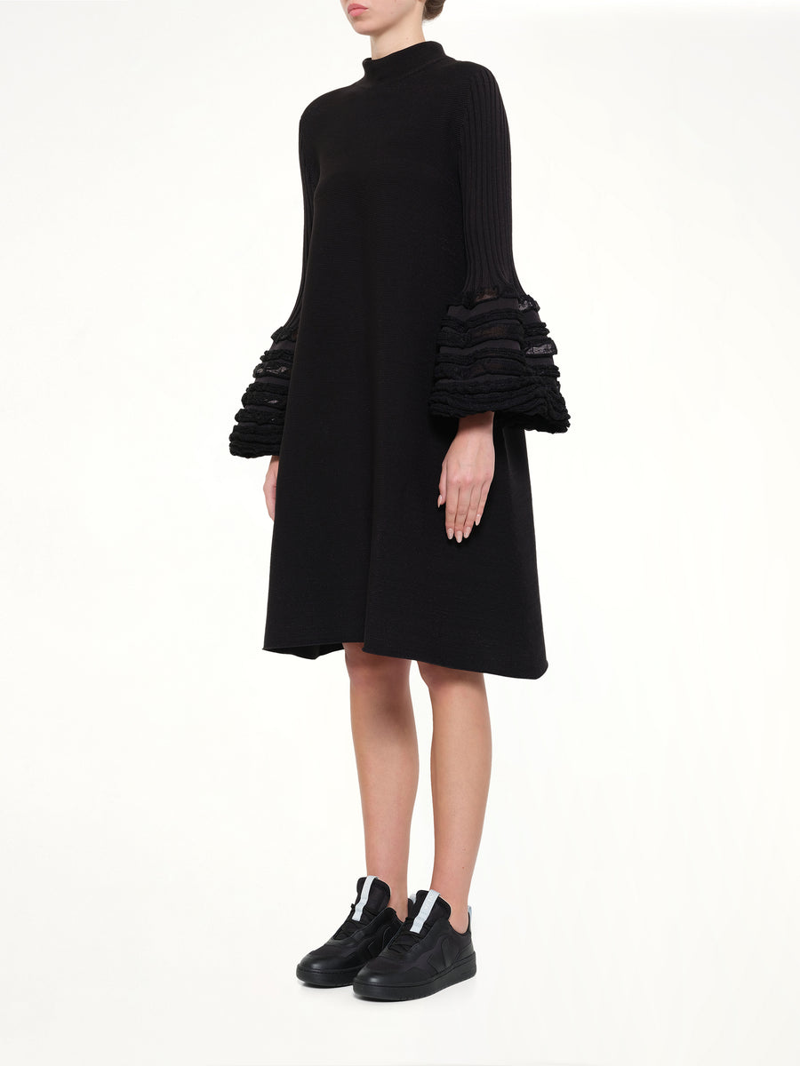 Pottery Swell Glitter Long Bell Sleeve Flare Mini Dress in Black