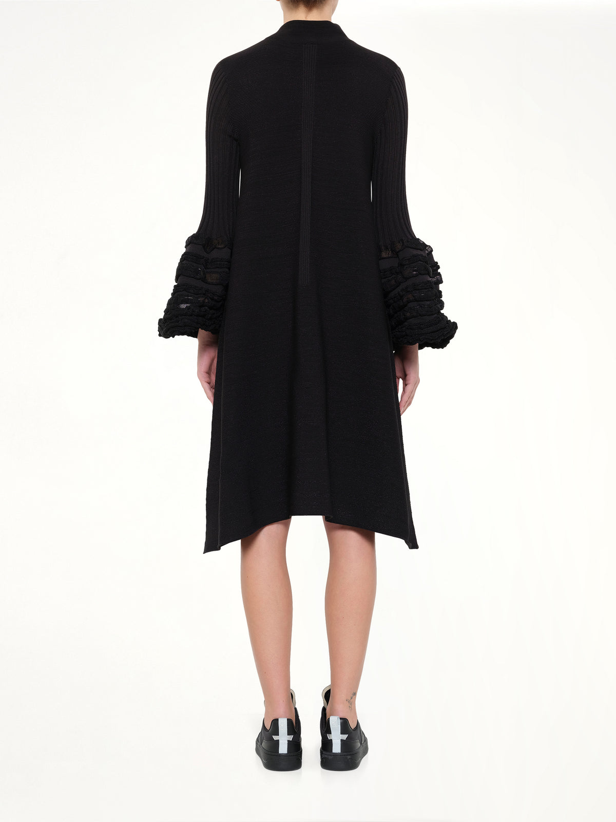 Pottery Swell Glitter Long Bell Sleeve Flare Mini Dress in Black