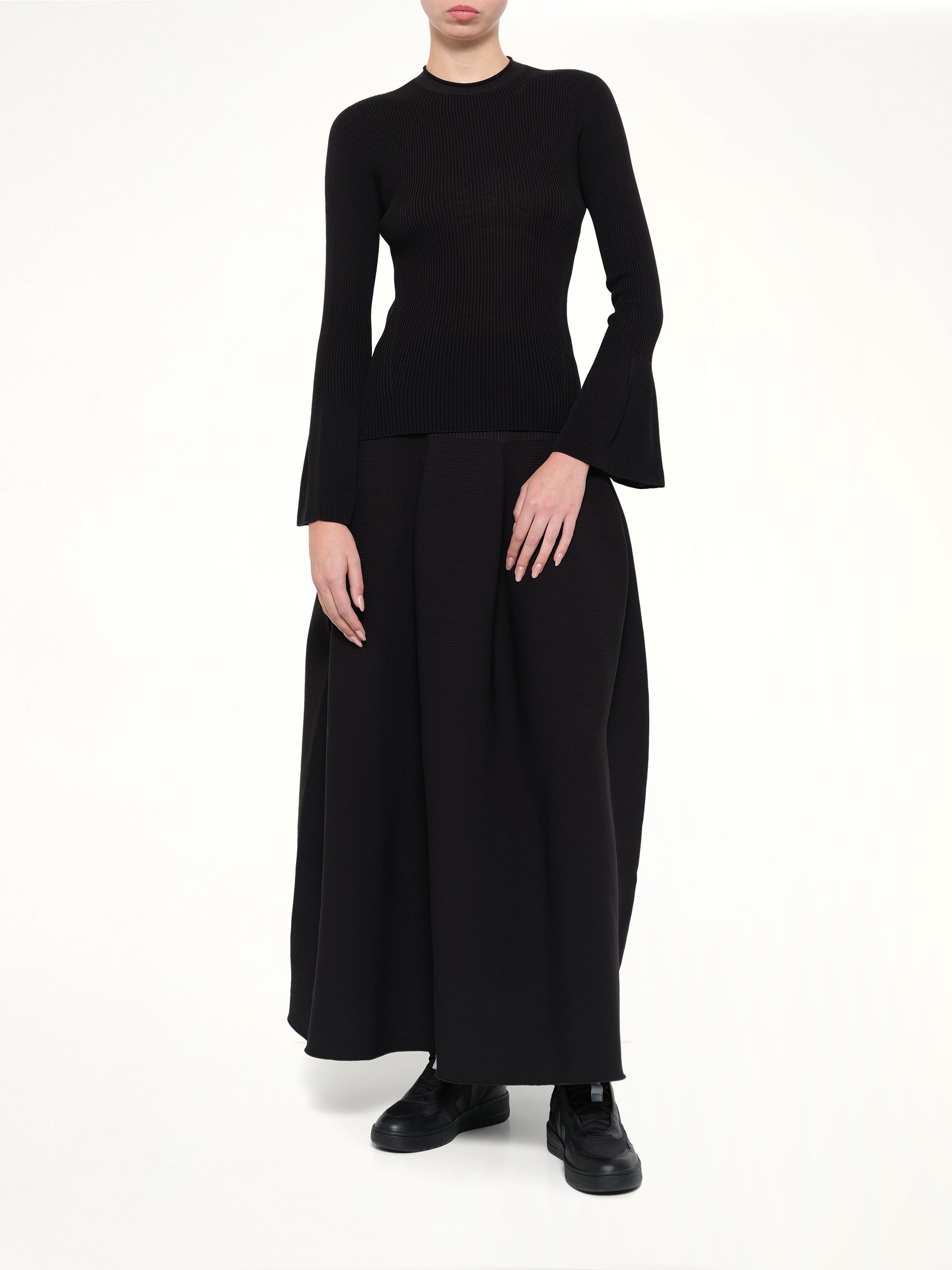 Soft Portrait Long Bell Sleeve Top in Black