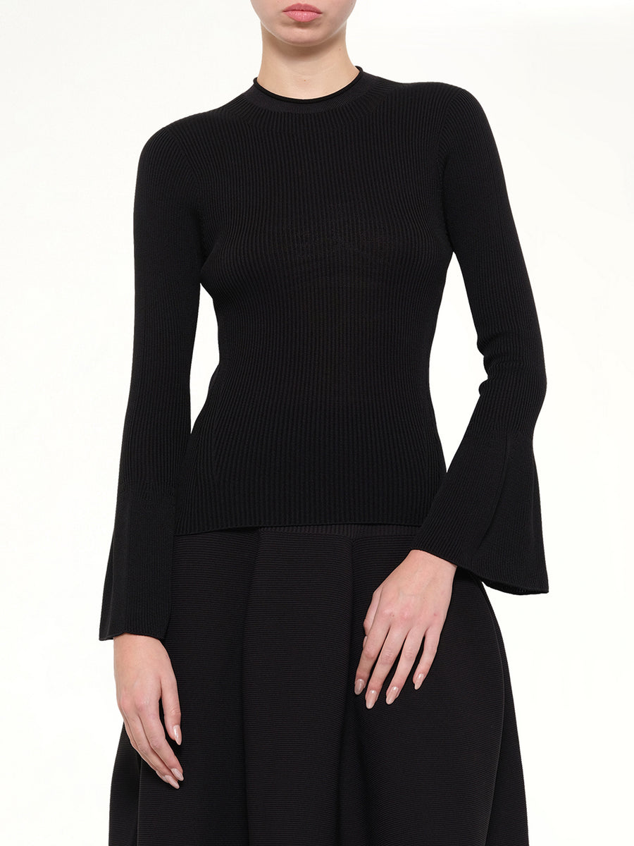 Soft Portrait Long Bell Sleeve Top in Black