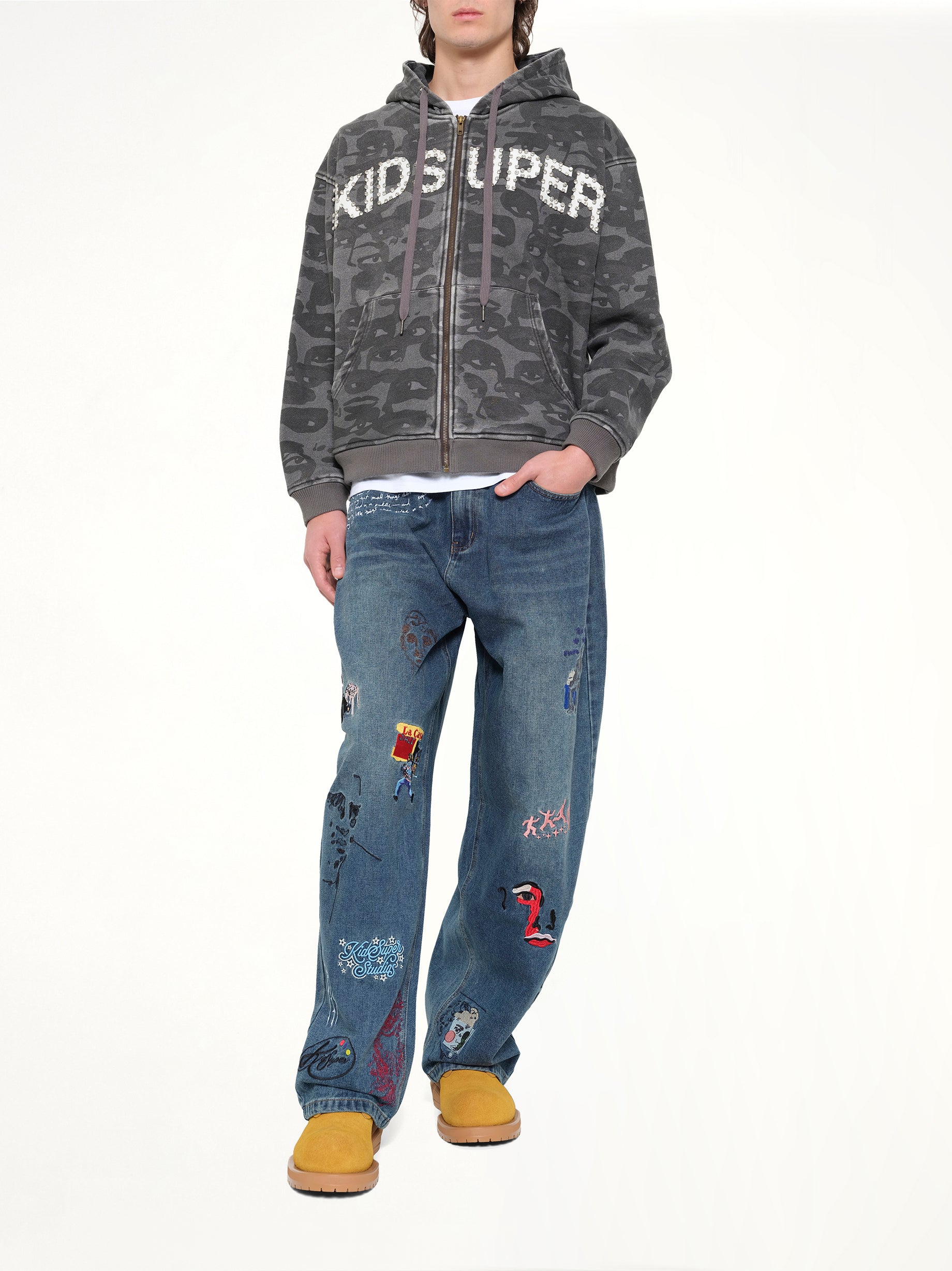 KIDSUPER Face Camo Hoodie in Black Full Reference from MARAIS