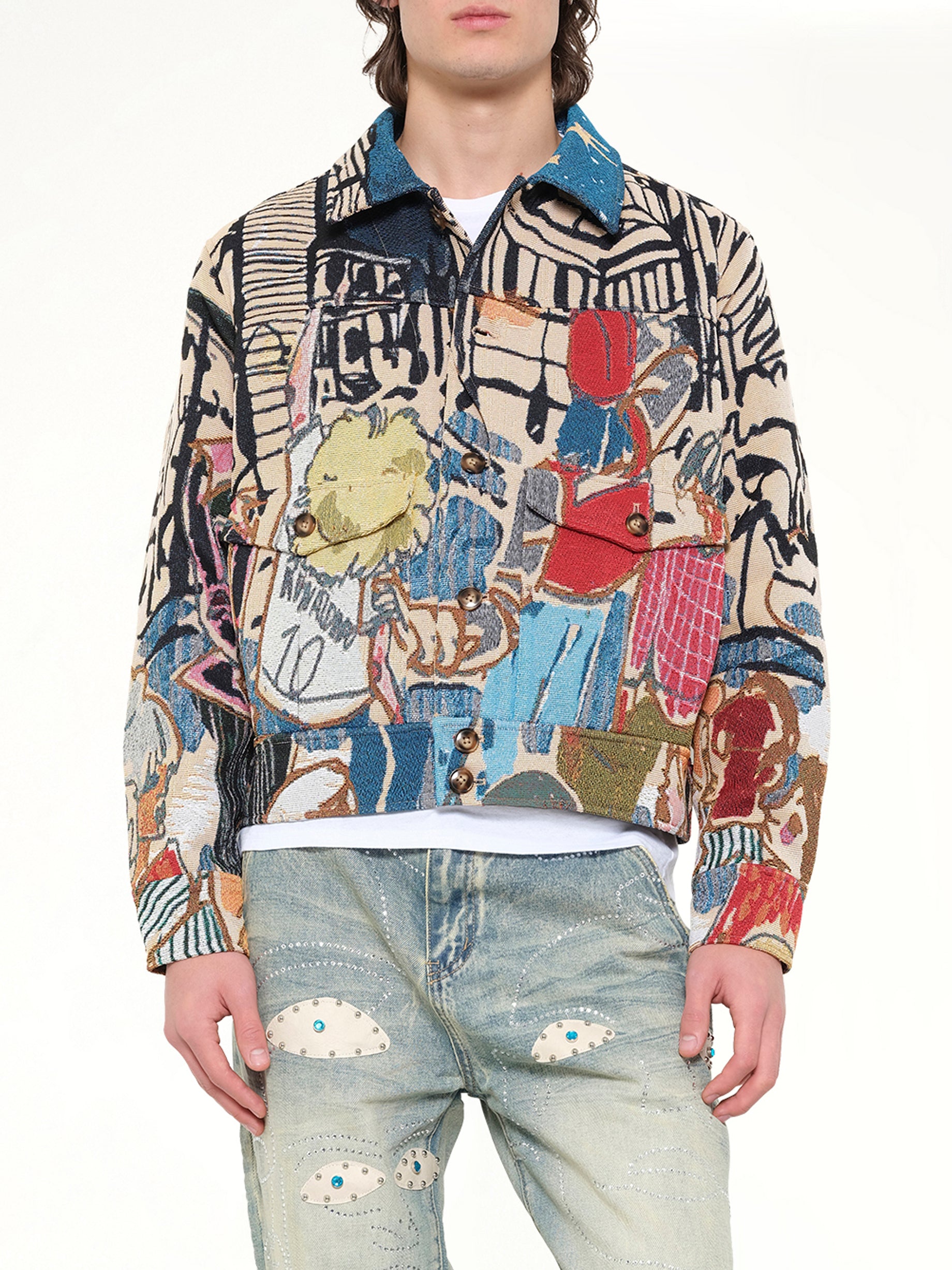 KIDSUPER Jaquarded Pocket Detail Jacket in Multicolour Detail Shot from MARAIS
