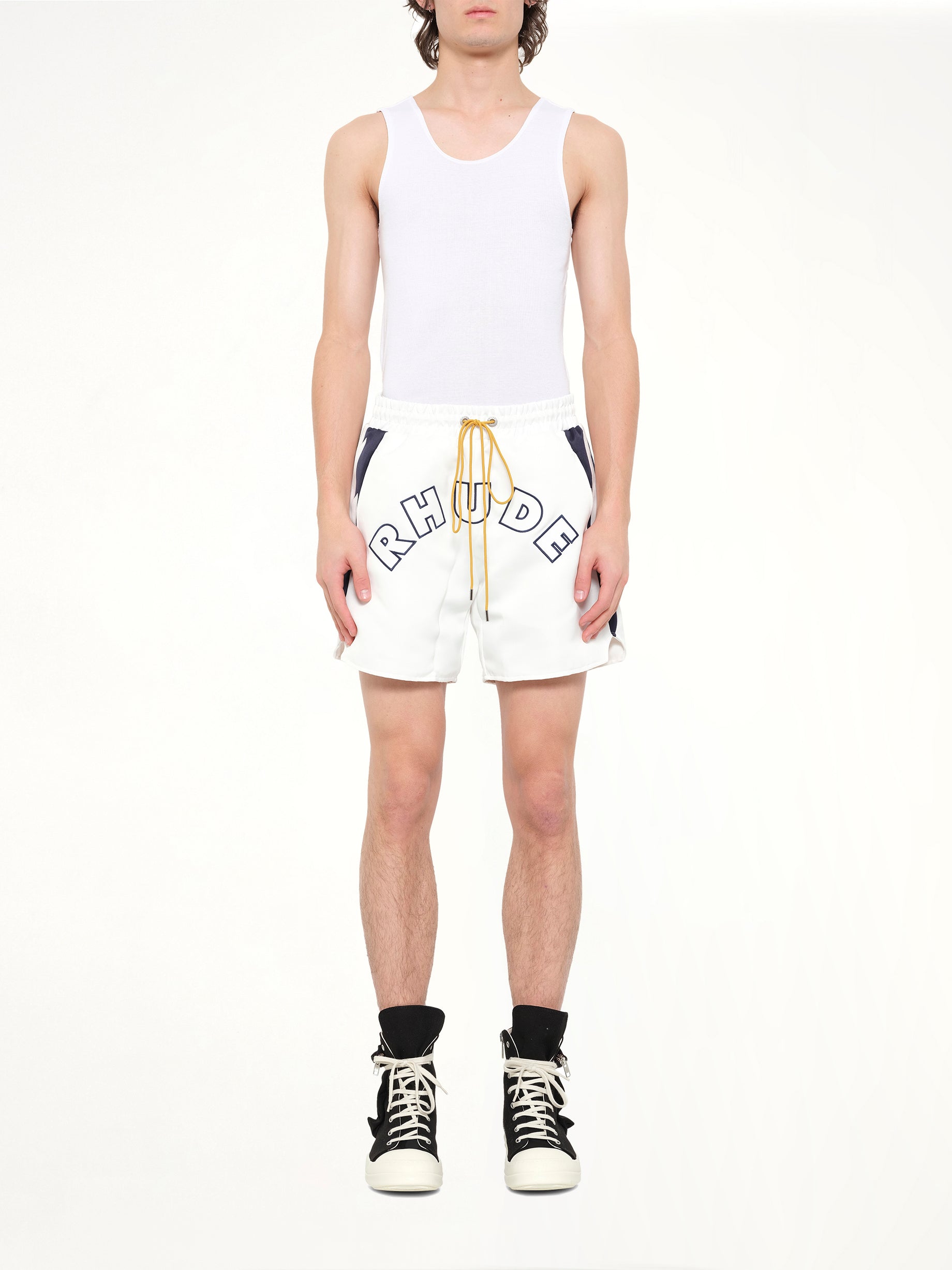 RHUDE , Logo Lightning Shorts in White/Navy Model View from MARAIS
