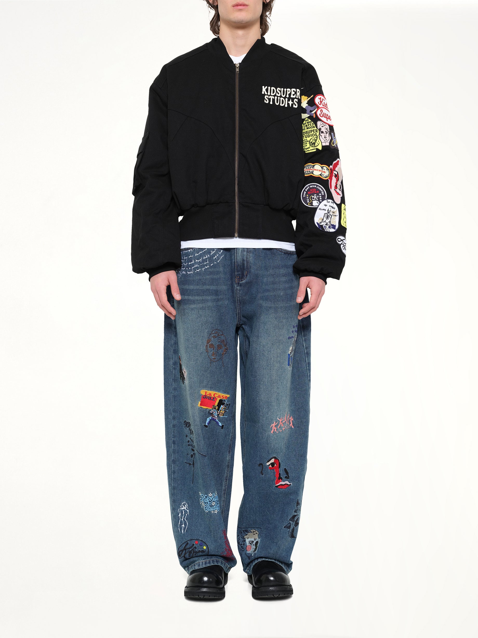 KIDSUPER Patches Bomber Jacket in Black Model View from MARAIS