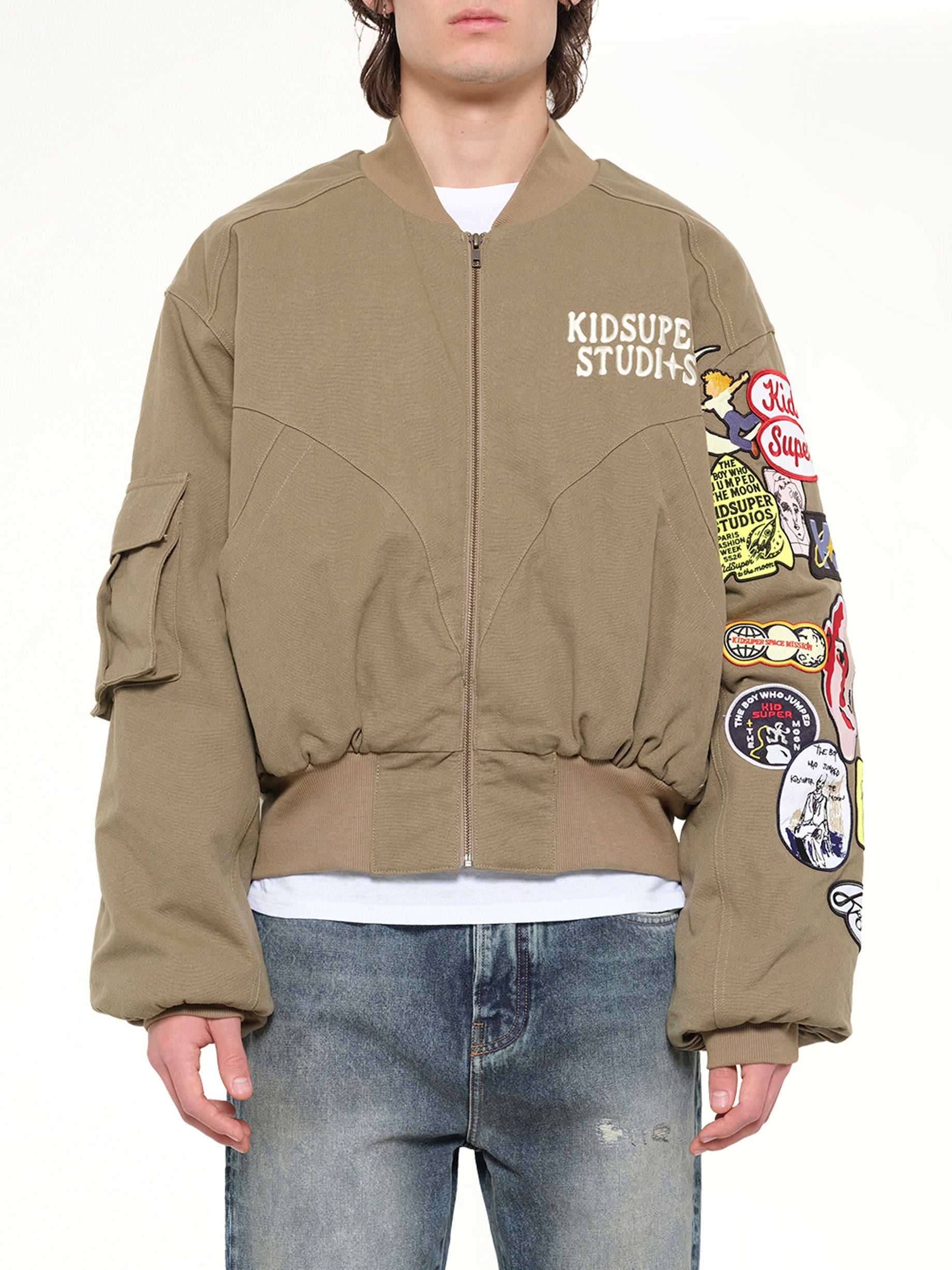 KIDSUPER Patches Bomber Jacket in Green Front View from MARAIS