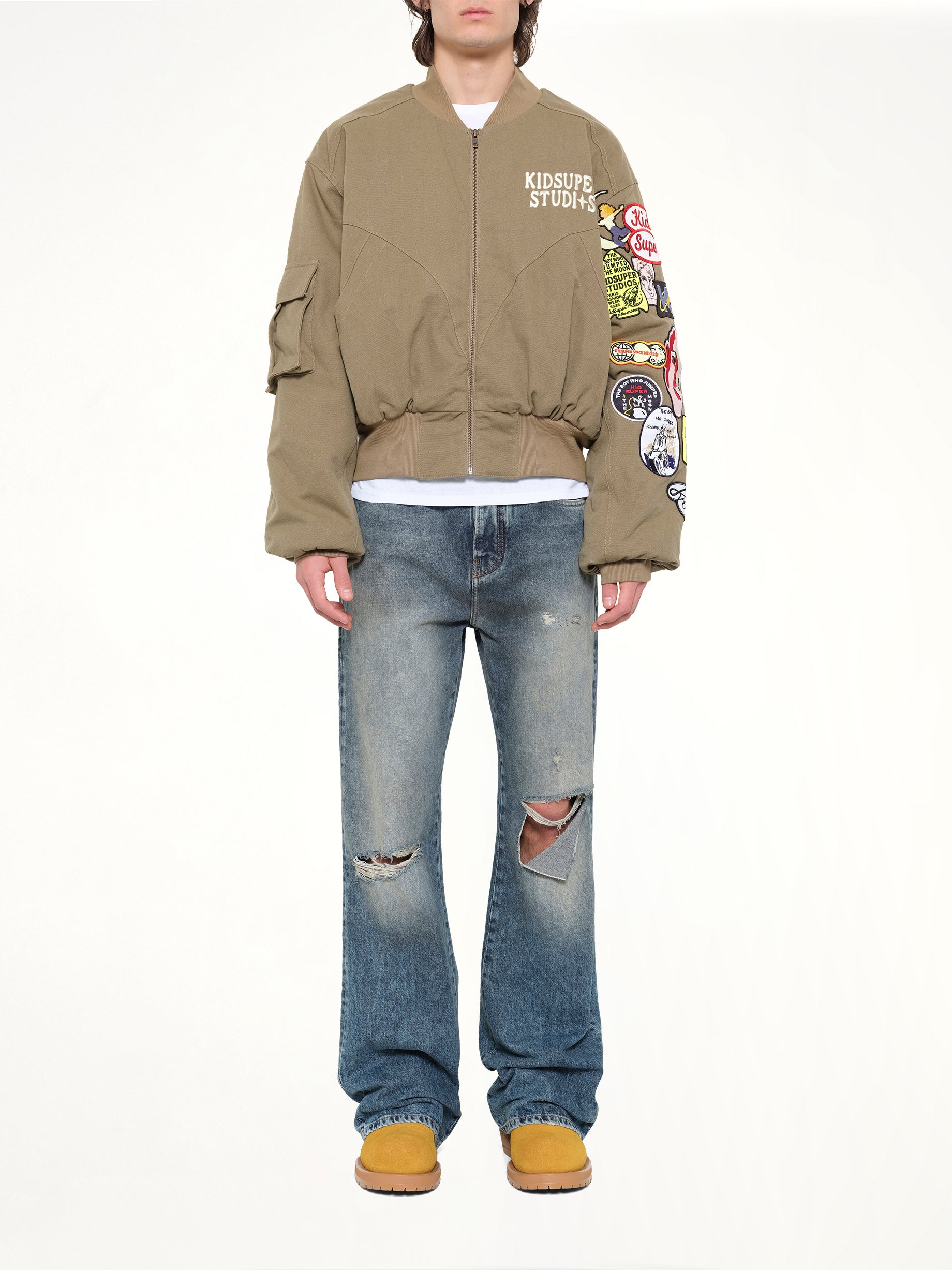 KIDSUPER Patches Bomber Jacket in Green Model View from MARAIS