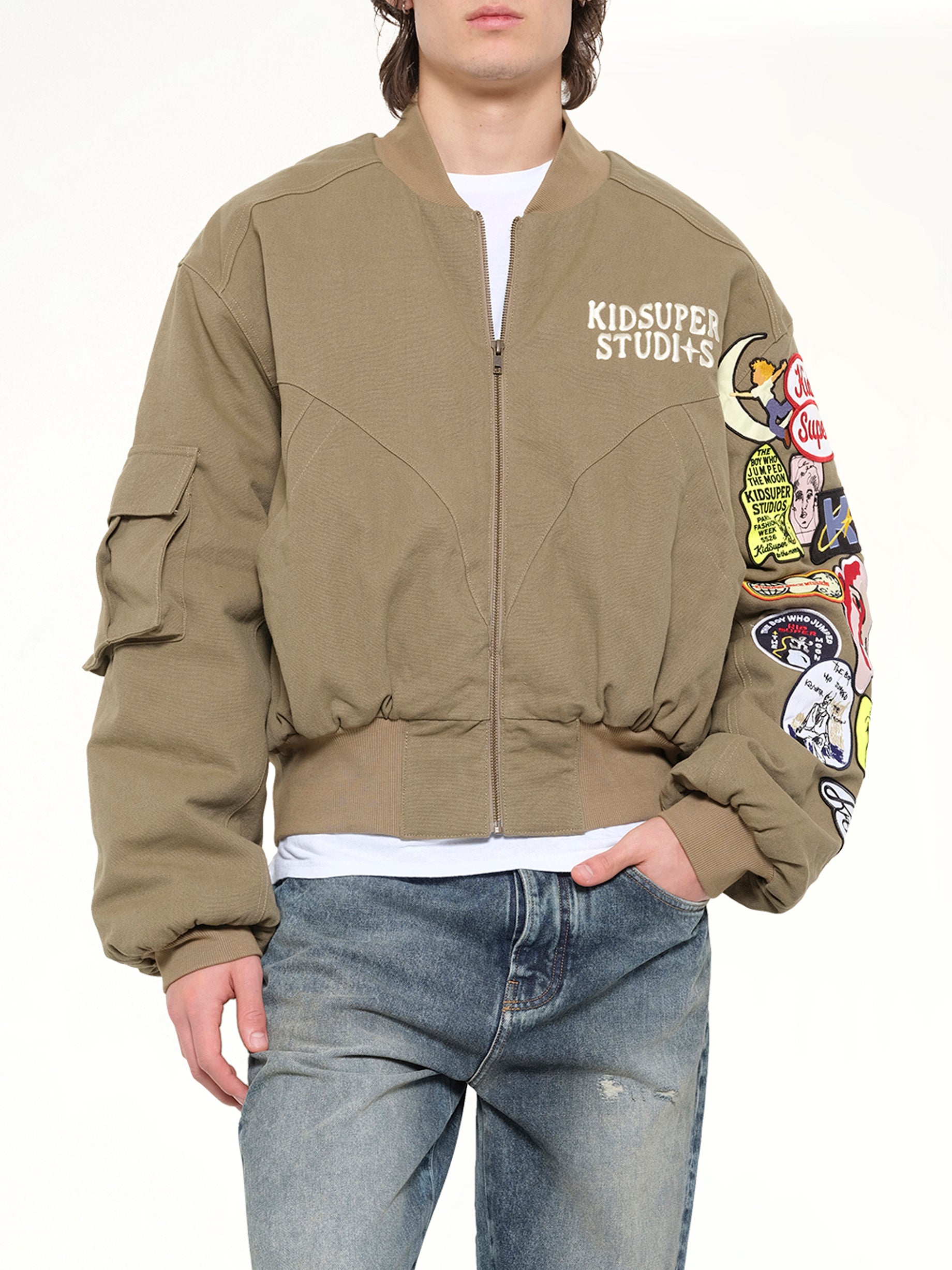 KIDSUPER Patches Bomber Jacket in Green Detail Shot from MARAIS