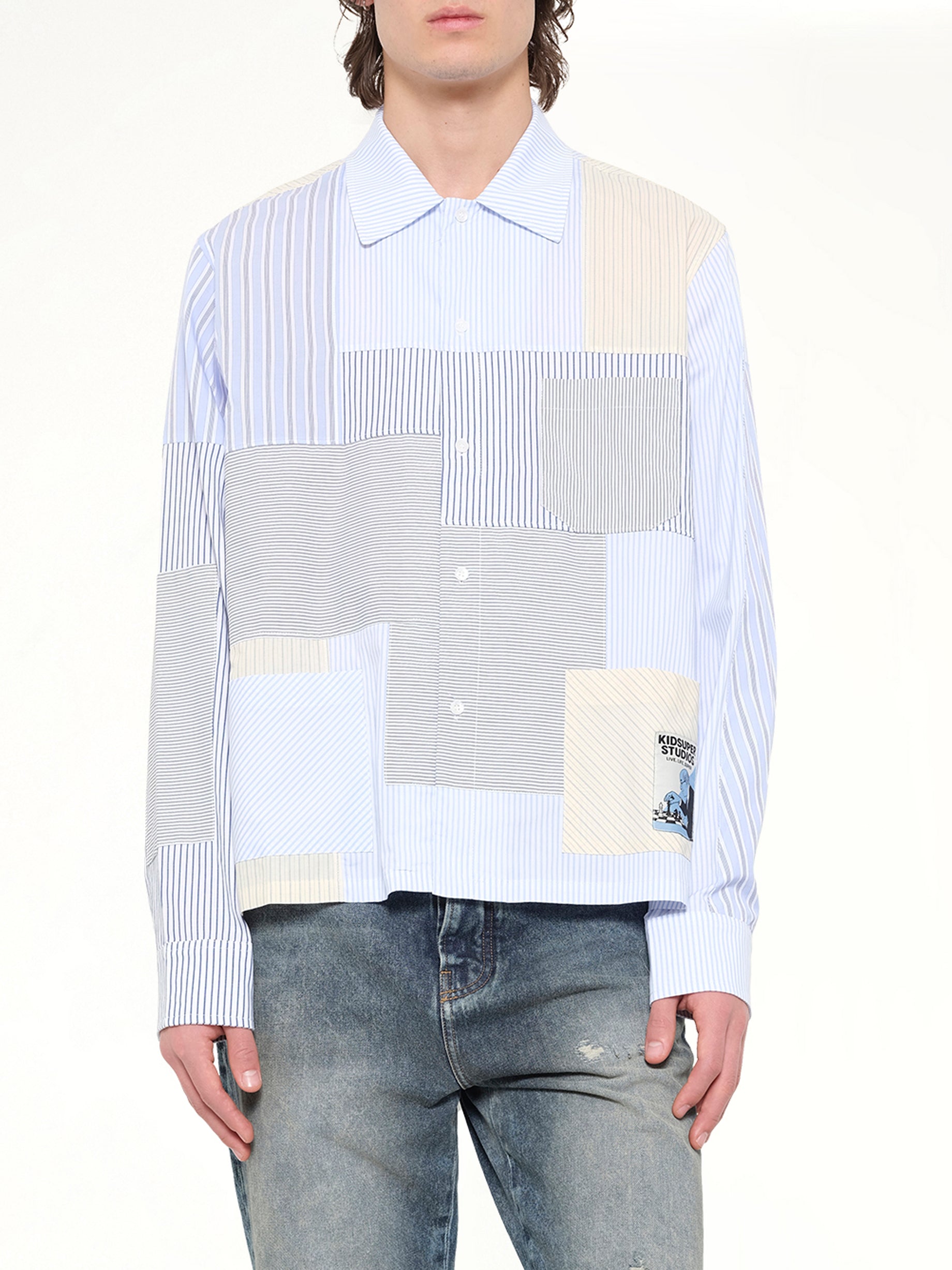 KIDSUPER Patchwork Overshirt in Multicolour Detail Shot from MARAIS