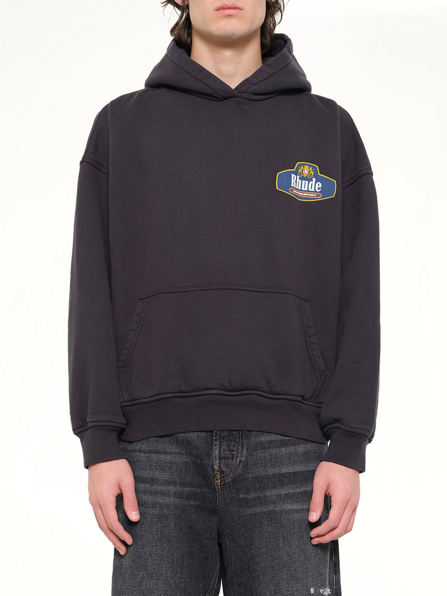 RHUDE Racing Crest Hoodie in Vintage Black Front View from MARAIS