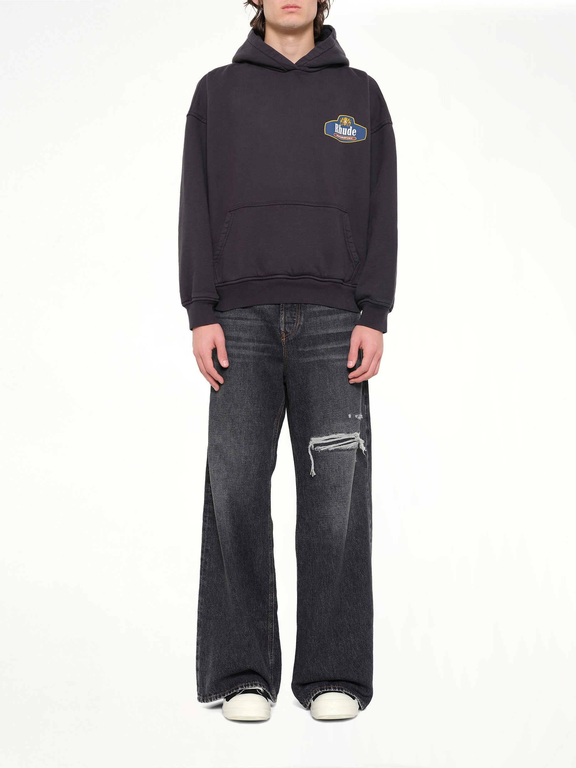 RHUDE Racing Crest Hoodie in Vintage Black Model View from MARAIS