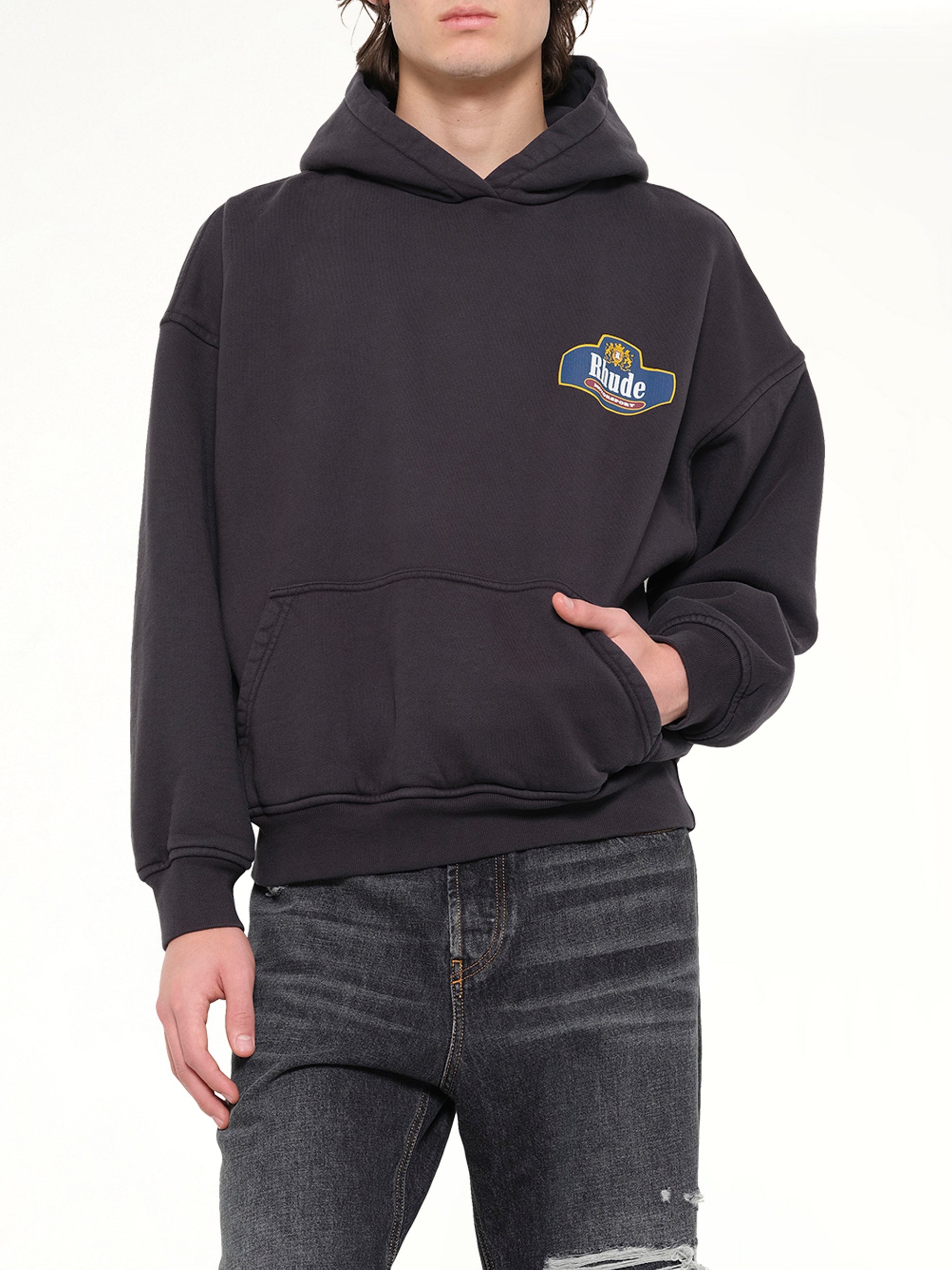 RHUDE Racing Crest Hoodie in Vintage Black Detail Shot from MARAIS