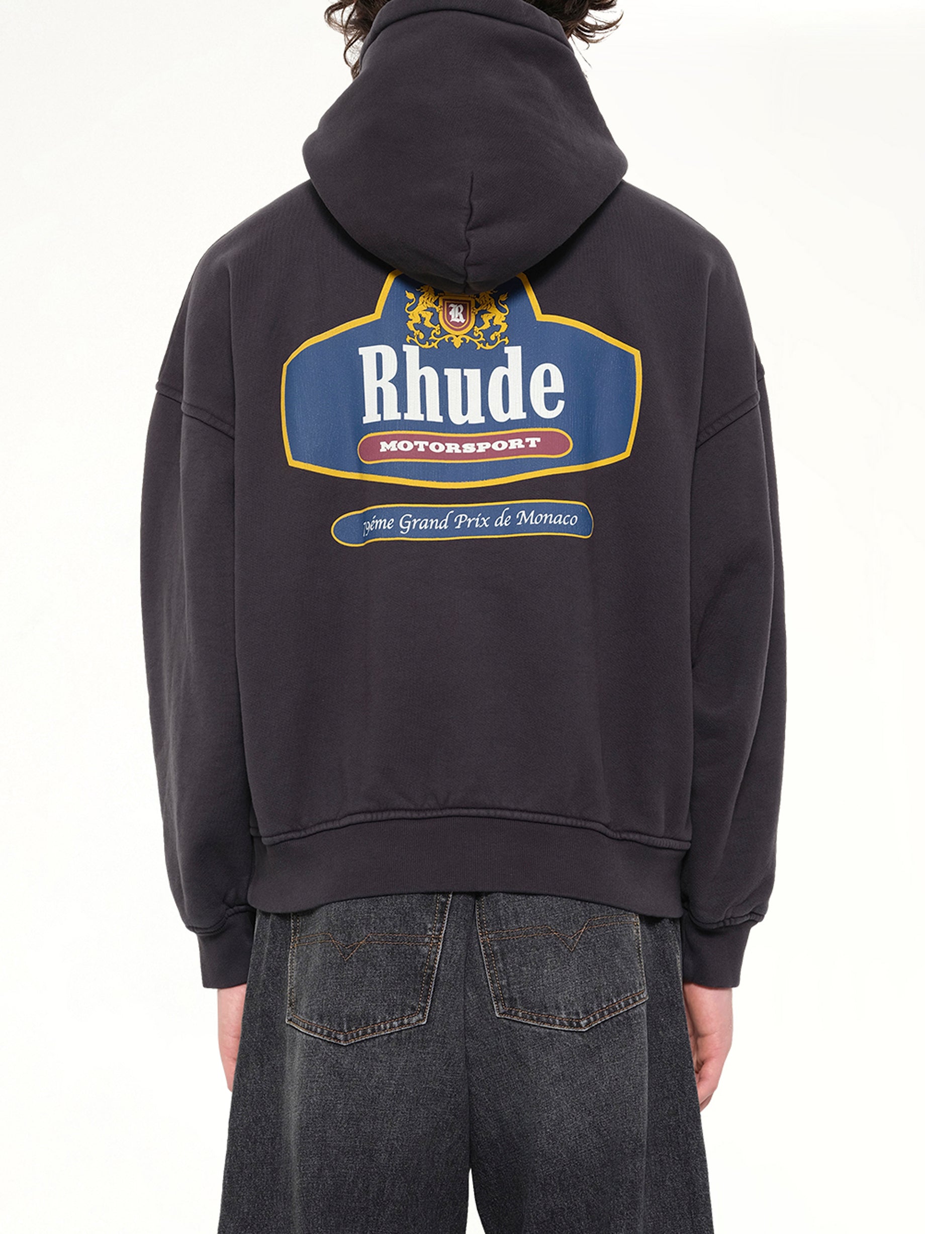 RHUDE Racing Crest Hoodie in Vintage Black Back View from MARAIS