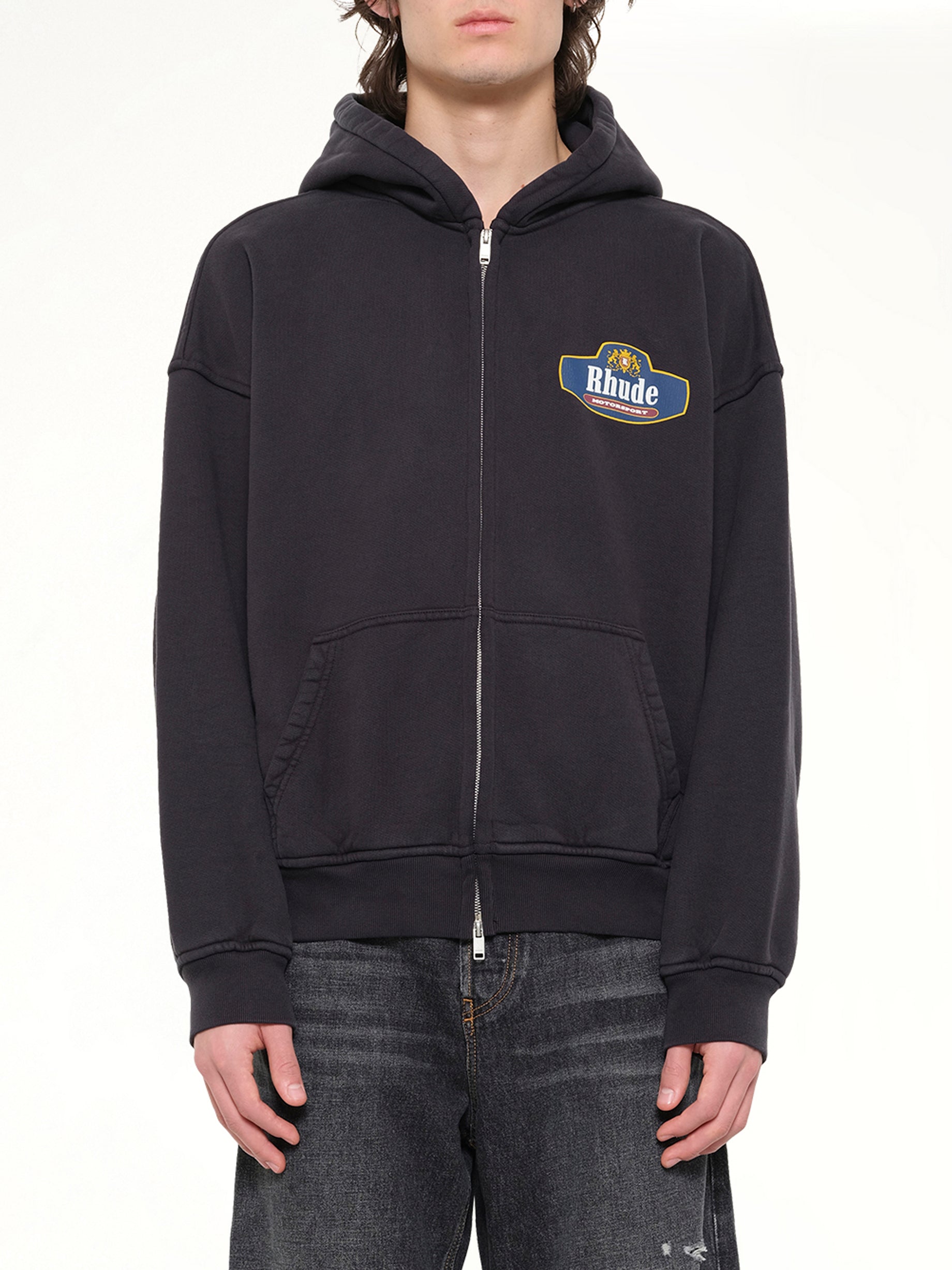 RHUDE Racing Crest Zip-Up Hoodie in Vintage Black Front View from MARAIS