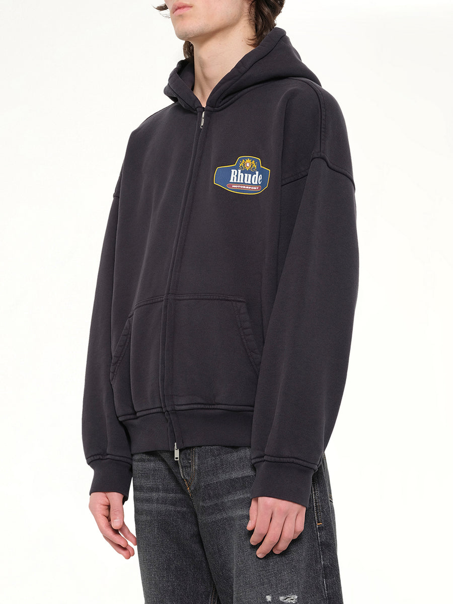 Racing Crest Zip-Up Hoodie in Vintage Black