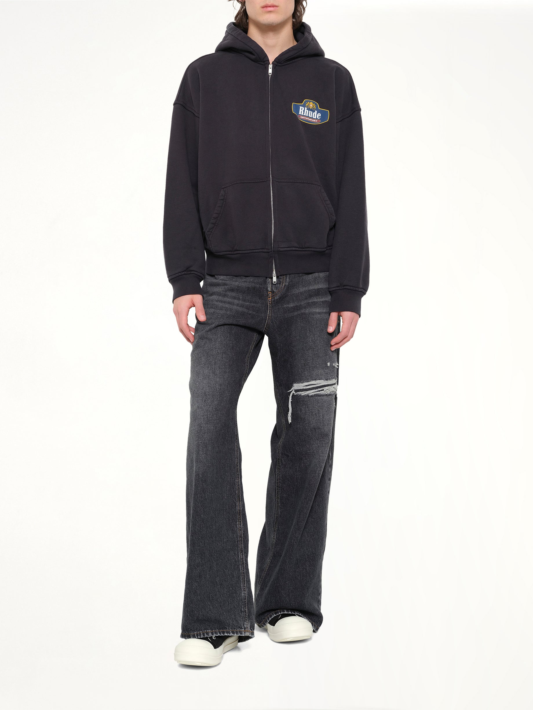 RHUDE Racing Crest Zip-Up Hoodie in Vintage Black Full Reference from MARAIS