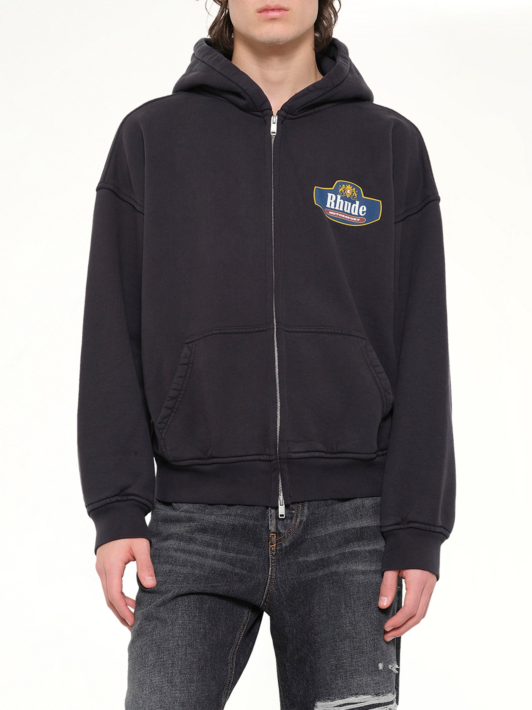 RHUDE Racing Crest Zip-Up Hoodie in Vintage Black Detail Shot from MARAIS