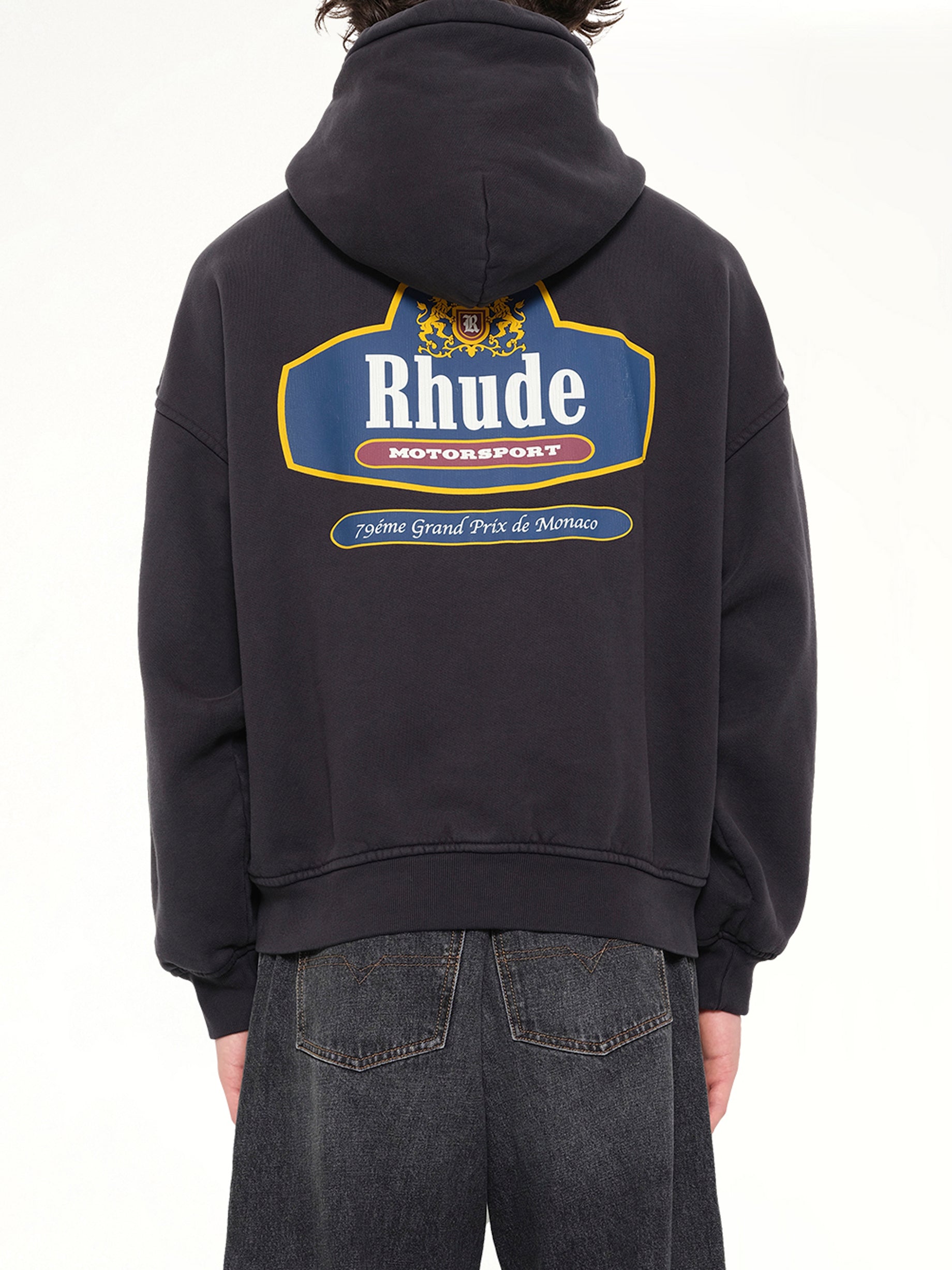 RHUDE Racing Crest Zip-Up Hoodie in Vintage Black Back View from MARAIS