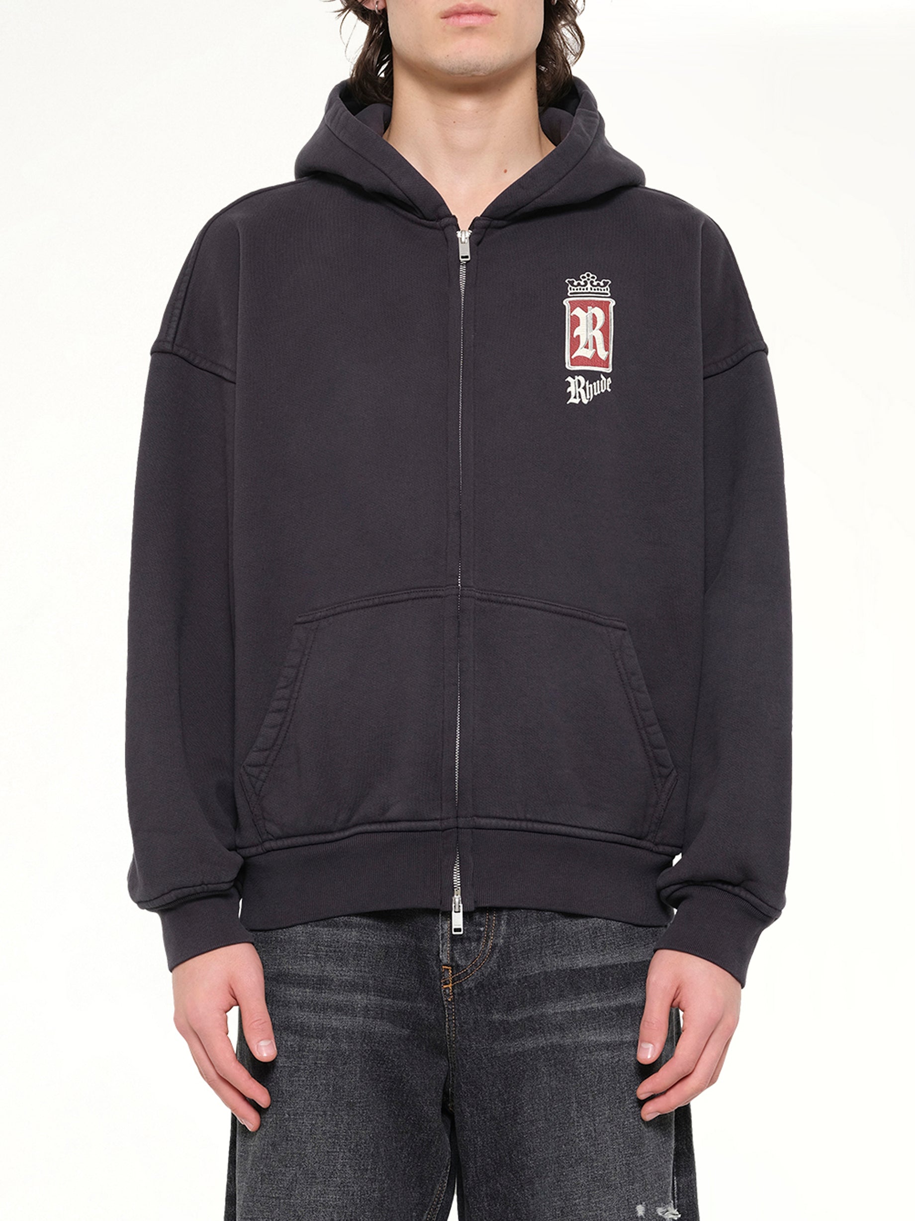 RHUDE Rhude Fumar 91 Zip-Up Hoodie in Vintage Black Front View from MARAIS