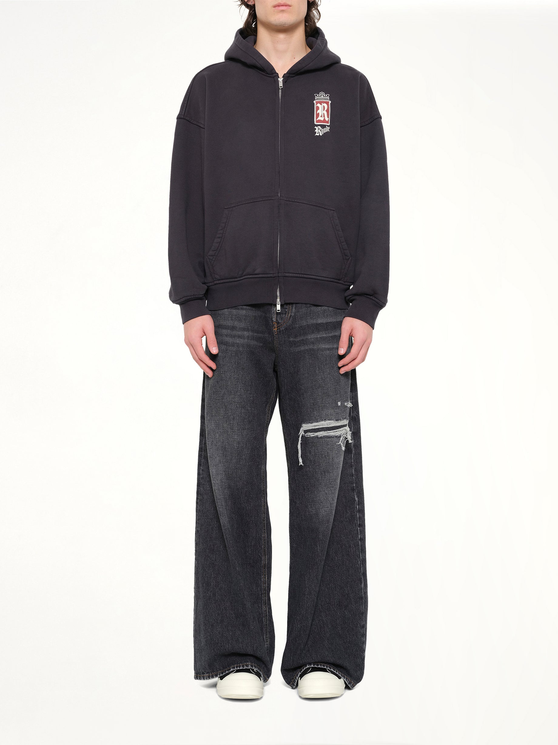 RHUDE Rhude Fumar 91 Zip-Up Hoodie in Vintage Black Model View from MARAIS