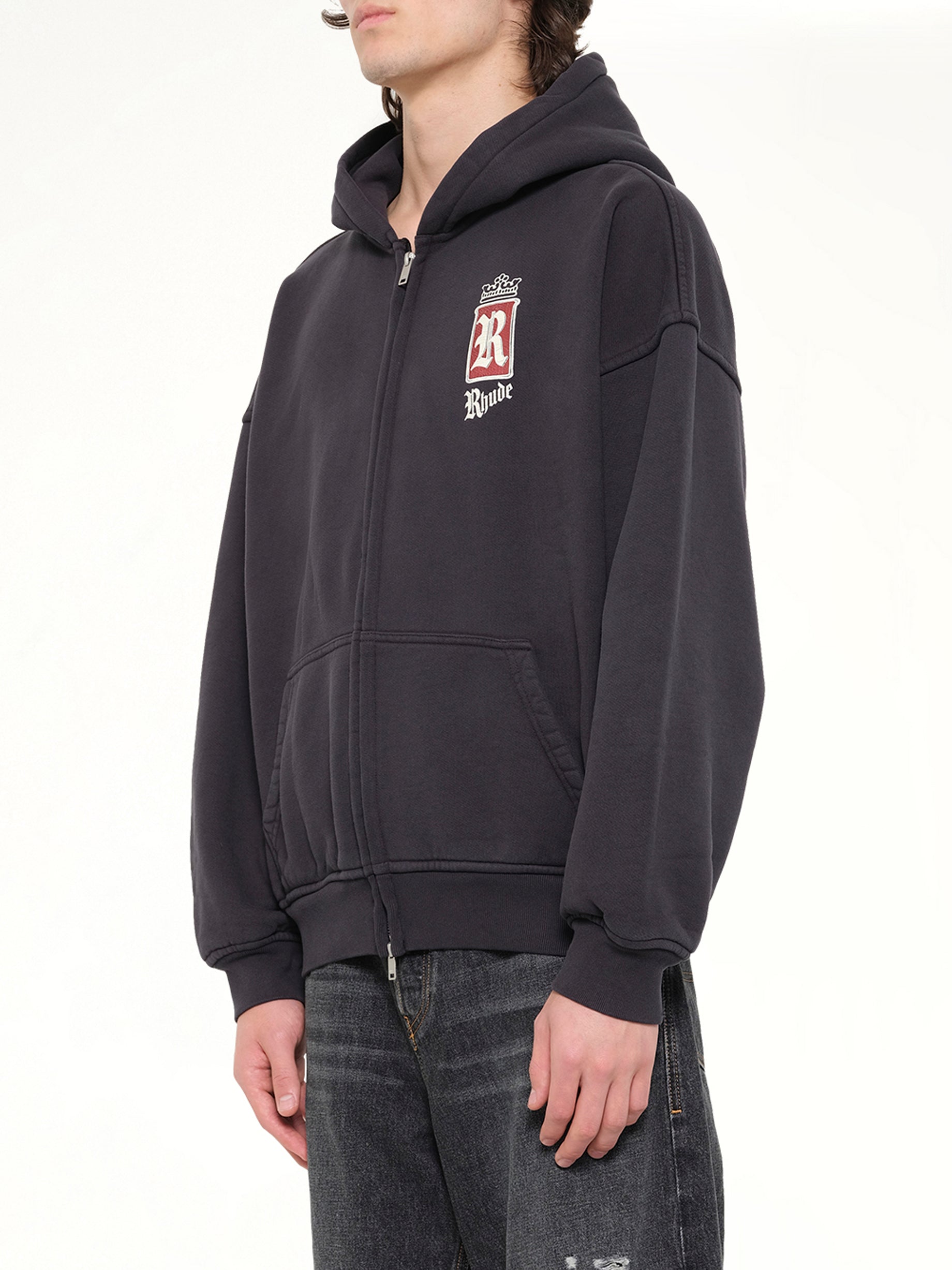 RHUDE Rhude Fumar 91 Zip-Up Hoodie in Vintage Black Side View from MARAIS