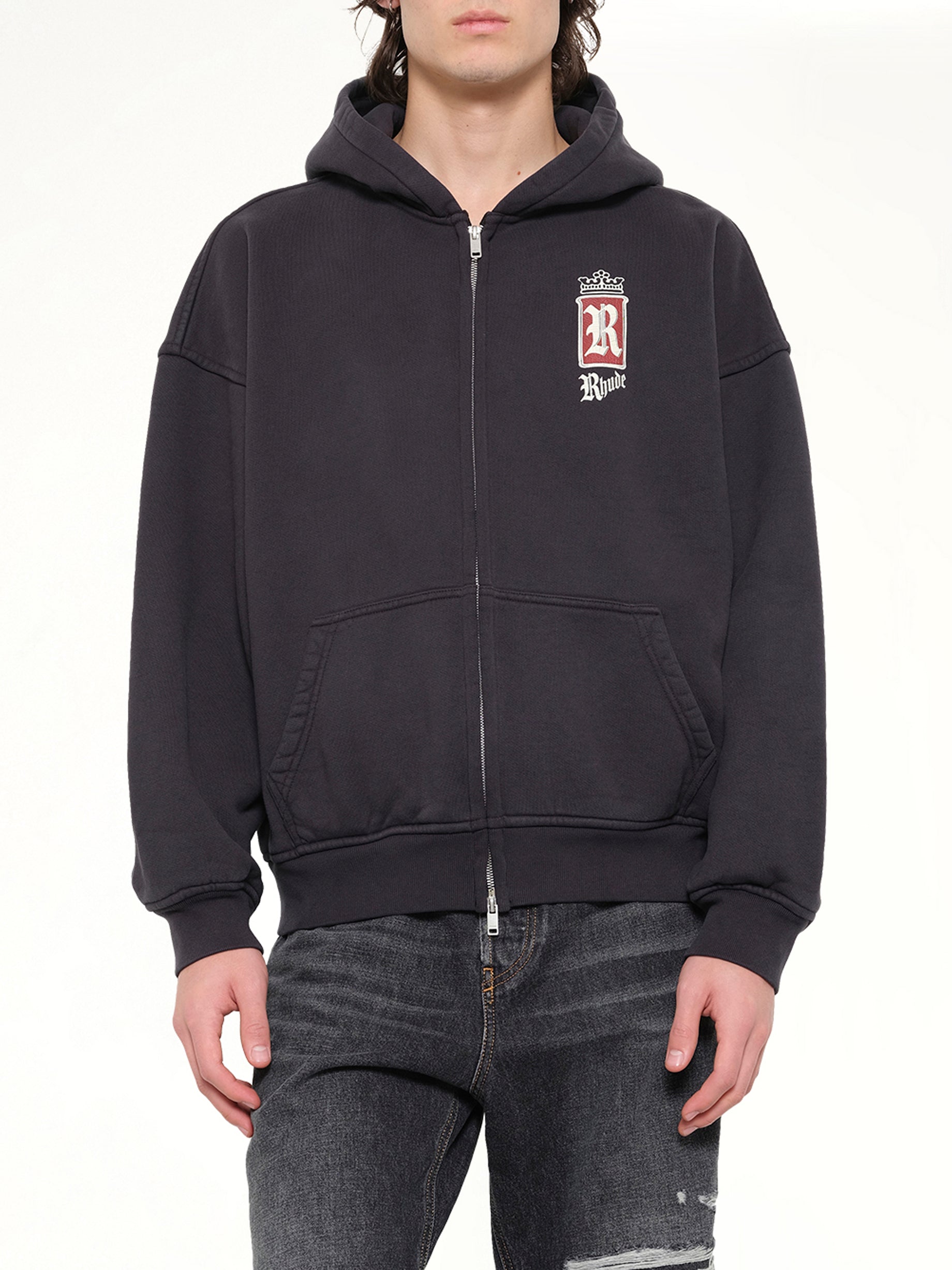 RHUDE Rhude Fumar 91 Zip-Up Hoodie in Vintage Black Detail Shot from MARAIS