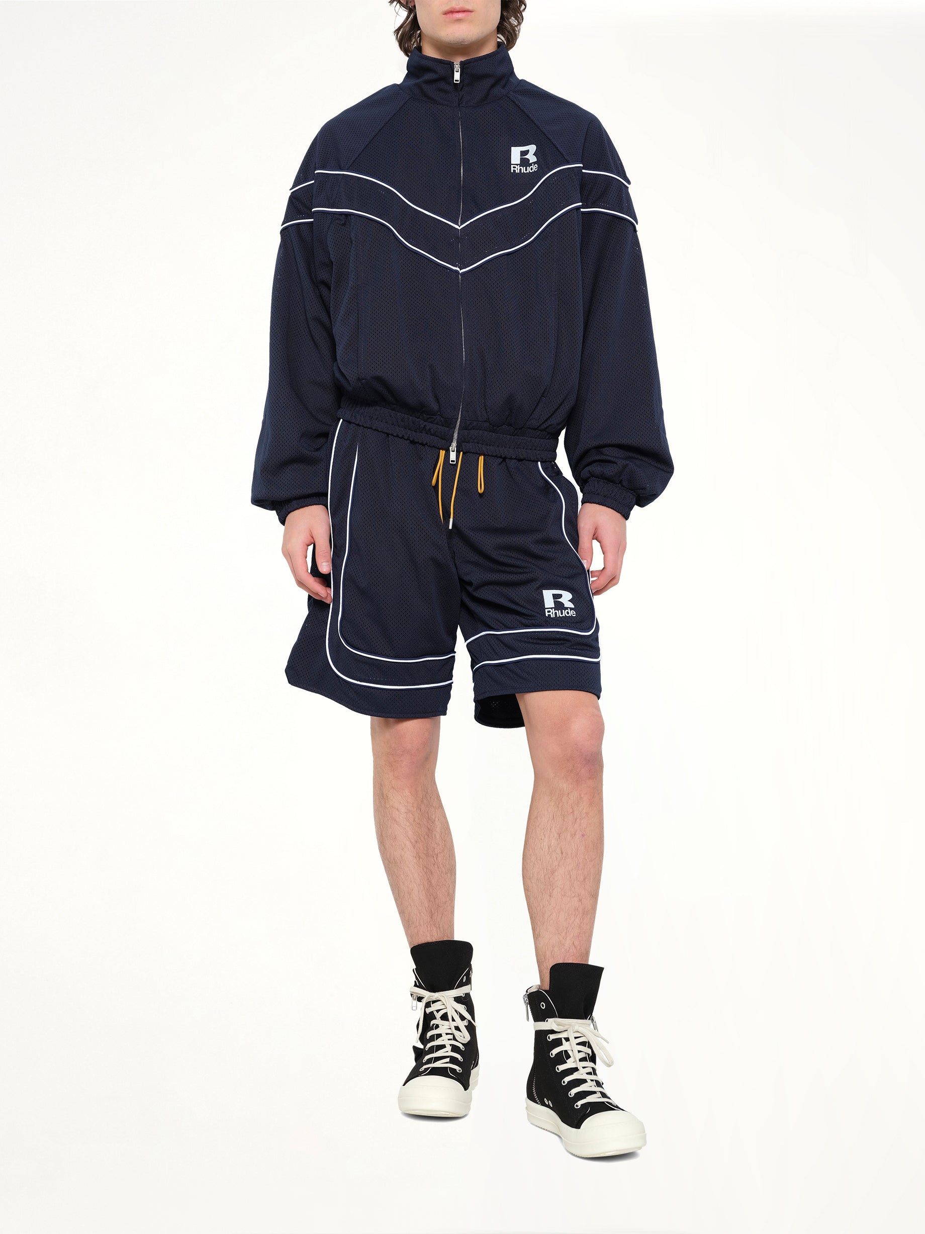 RHUDE Rhude Mesh Piping Baggy Track Short in Navy/White Full Reference from MARAIS