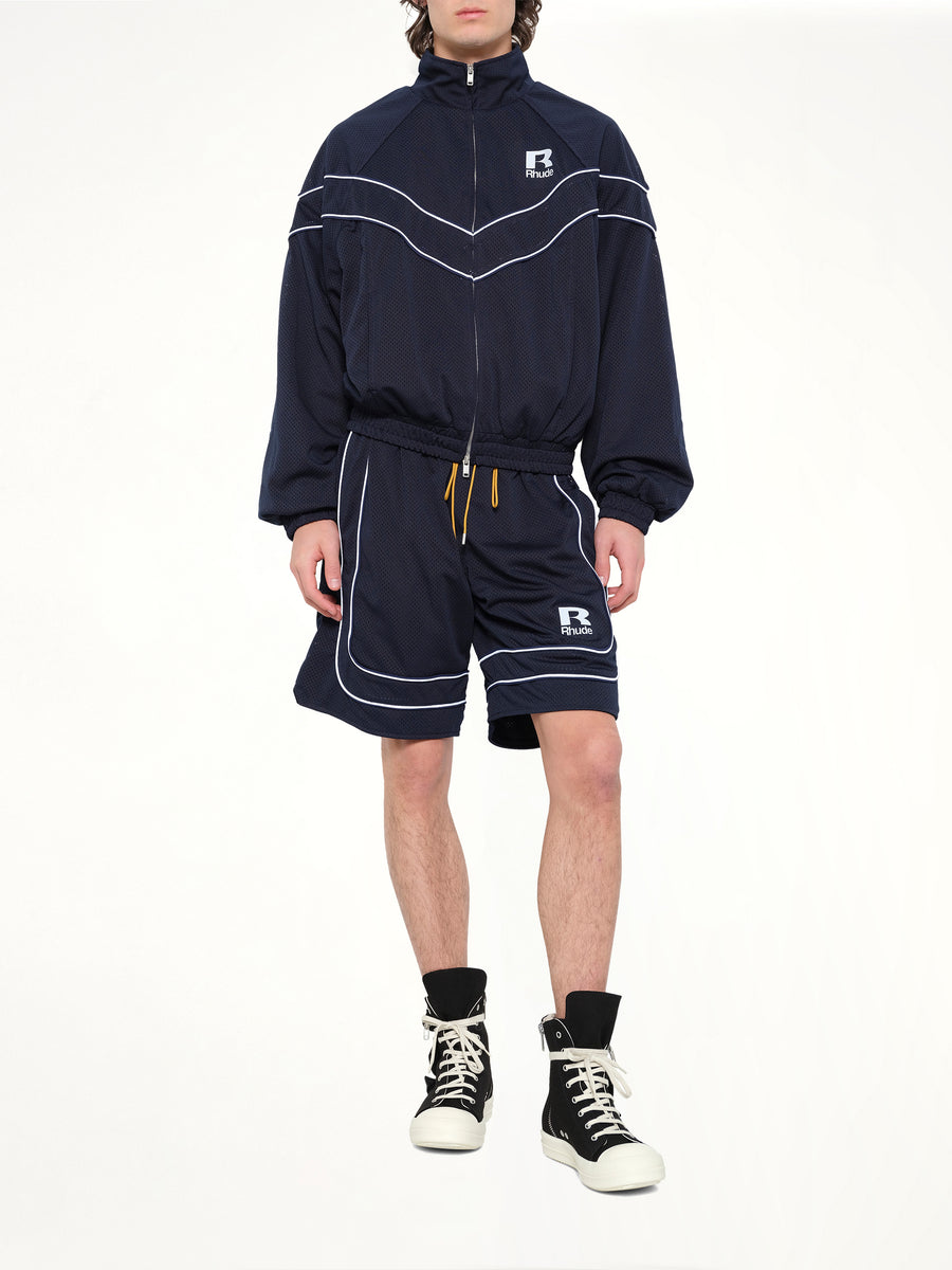 Rhude Mesh Piping Baggy Track Short in Navy/White