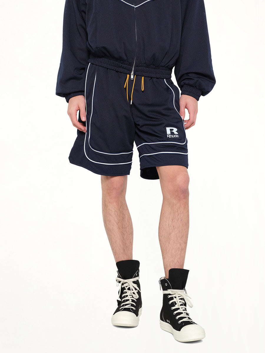 Rhude Mesh Piping Baggy Track Short in Navy/White
