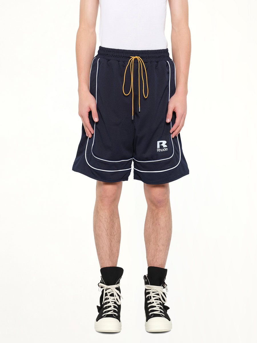 Rhude Mesh Piping Baggy Track Short in Navy/White