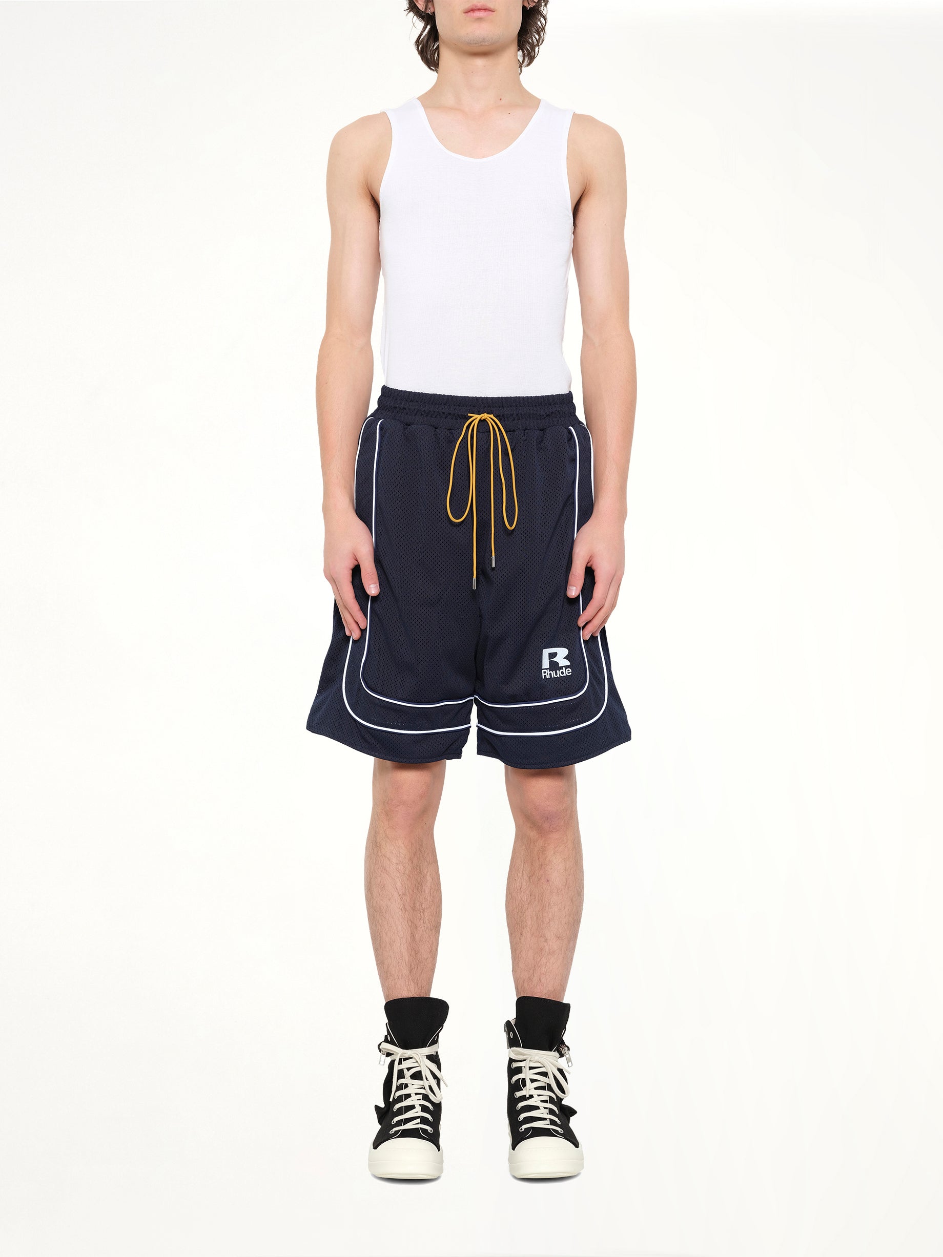 RHUDE Rhude Mesh Piping Baggy Track Short in Navy/White Model View from MARAIS