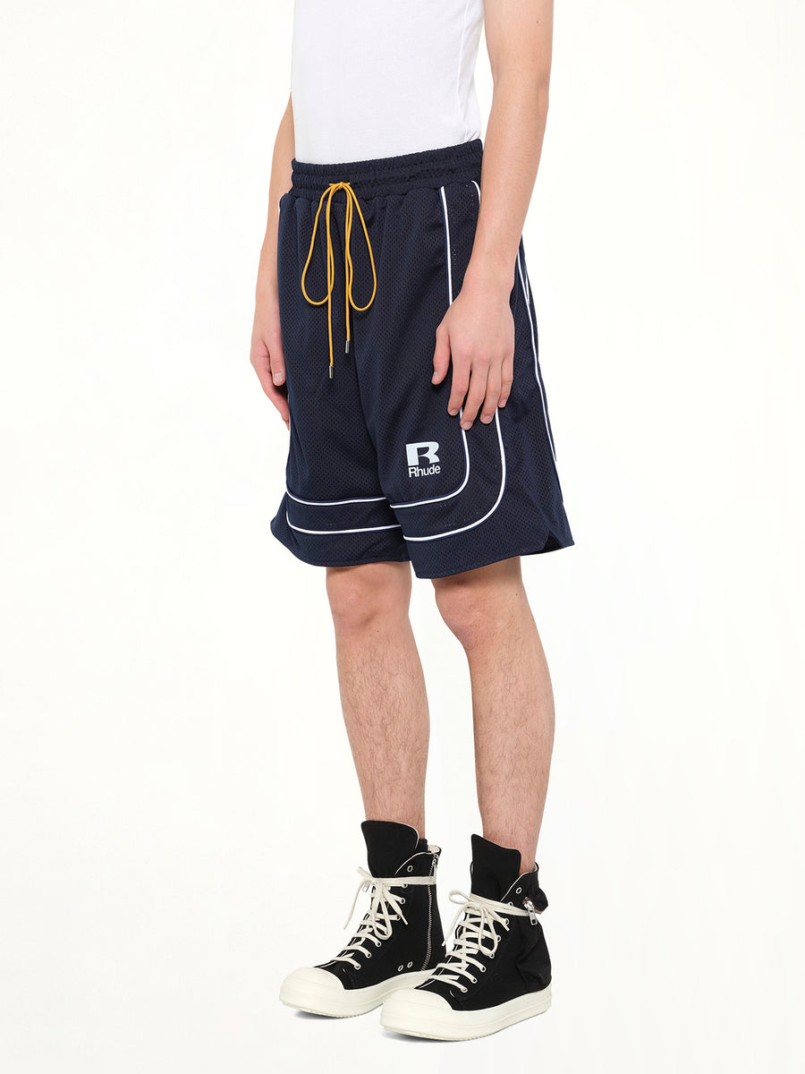 Rhude Mesh Piping Baggy Track Short in Navy/White